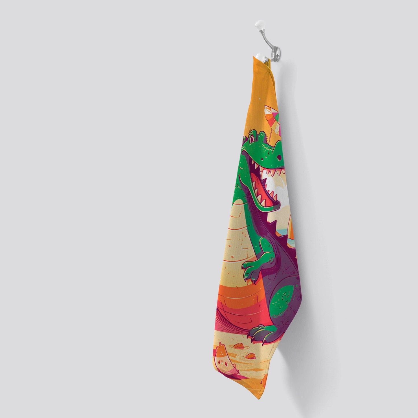 Crocodile On A Beach Holiday Tea Towel