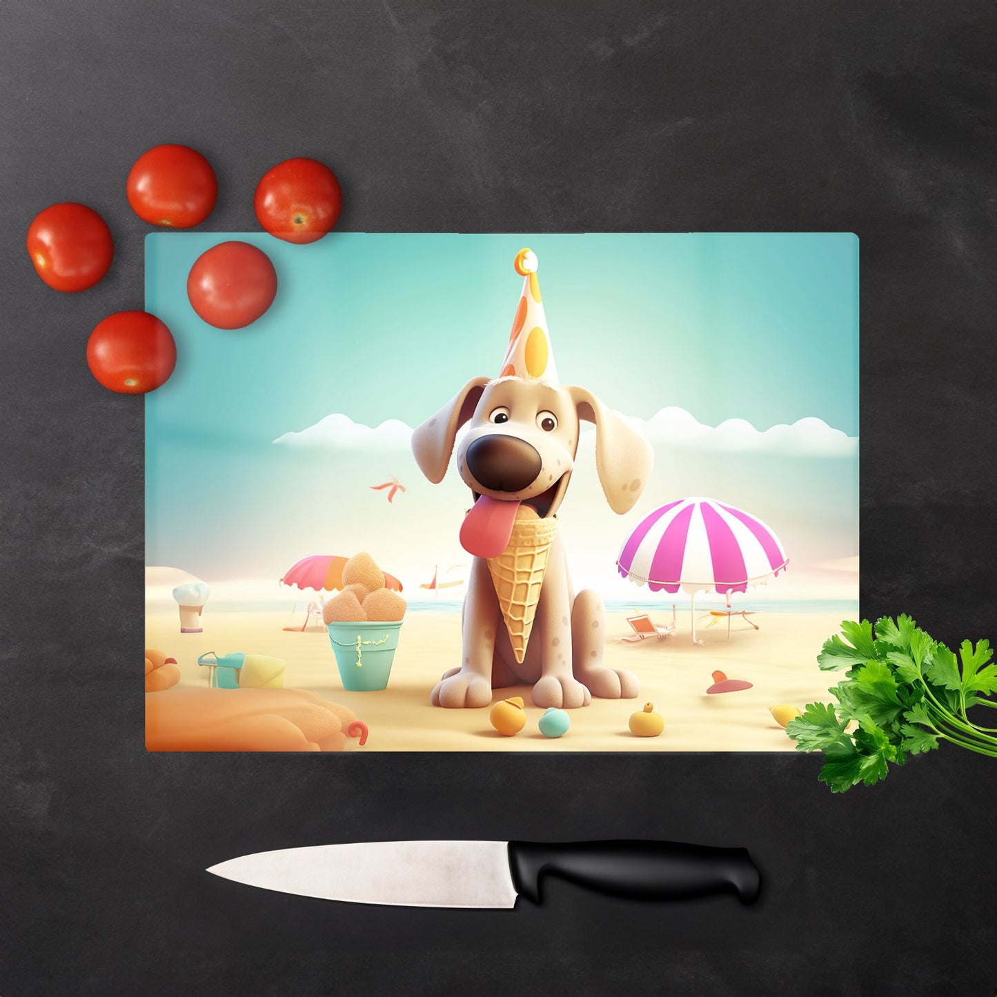Dog On A Beach Holiday Glass Chopping Board