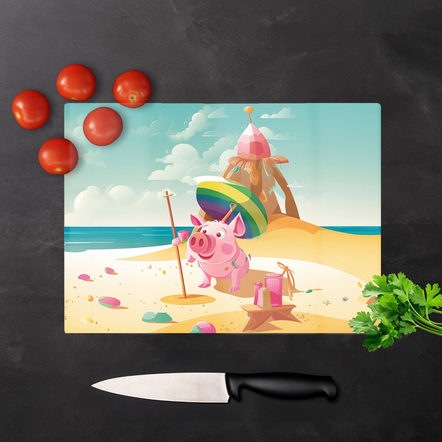 Piglet On A Beach Holiday Glass Chopping Board