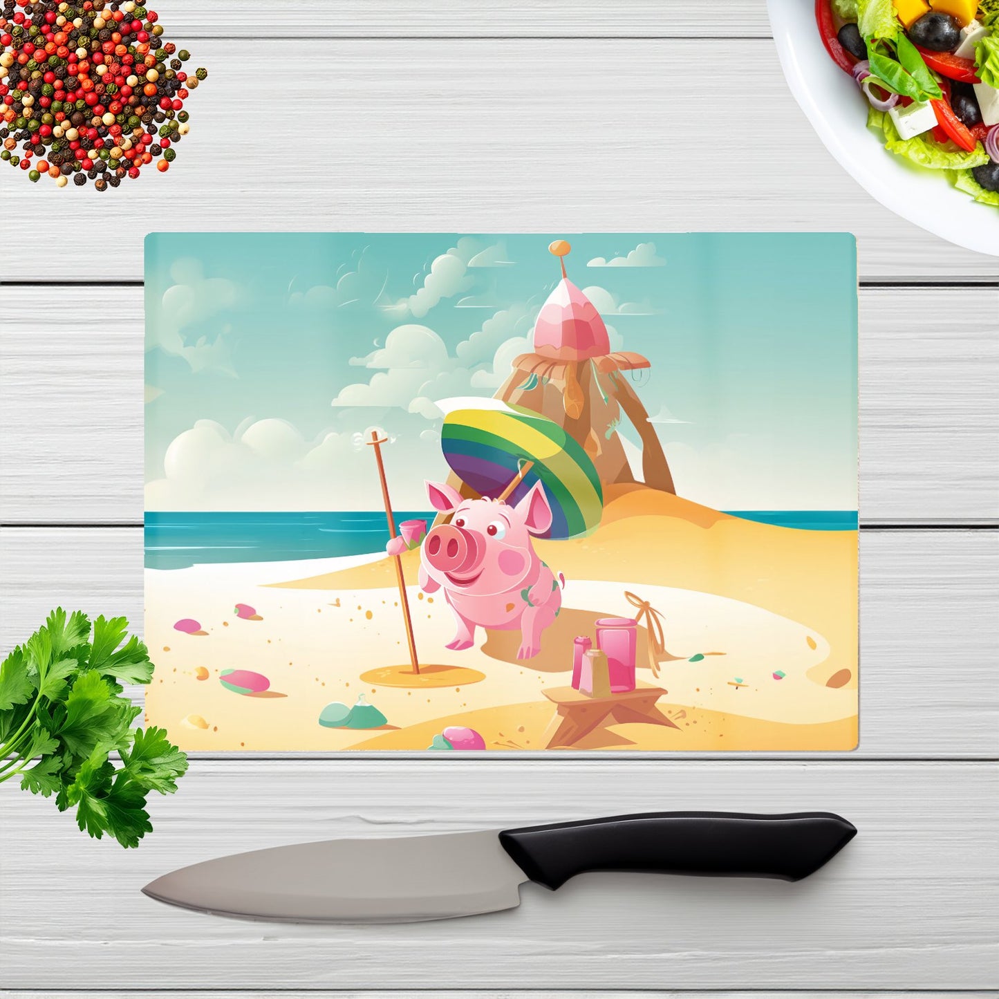 Piglet On A Beach Holiday Glass Chopping Board