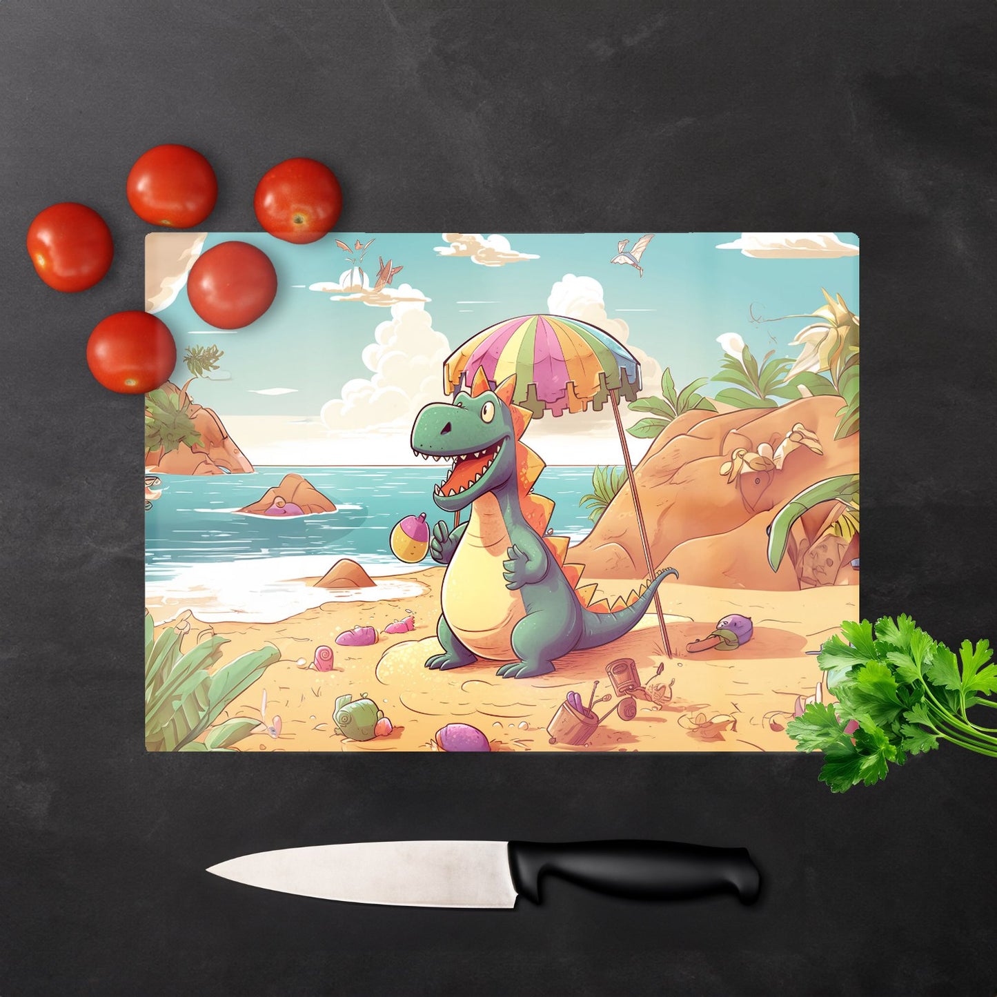 Dragon On A Beach Holiday Glass Chopping Board
