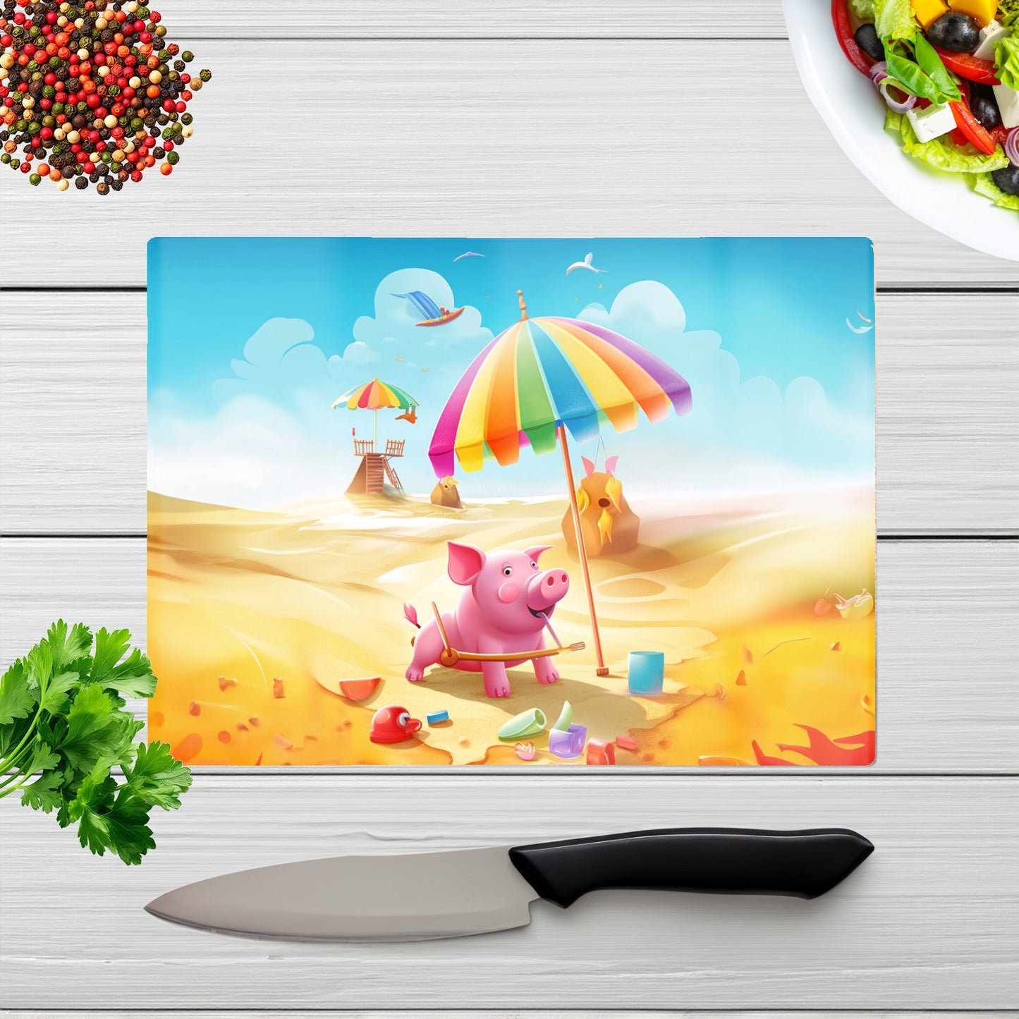 Pig On A Beach Holiday Glass Chopping Board
