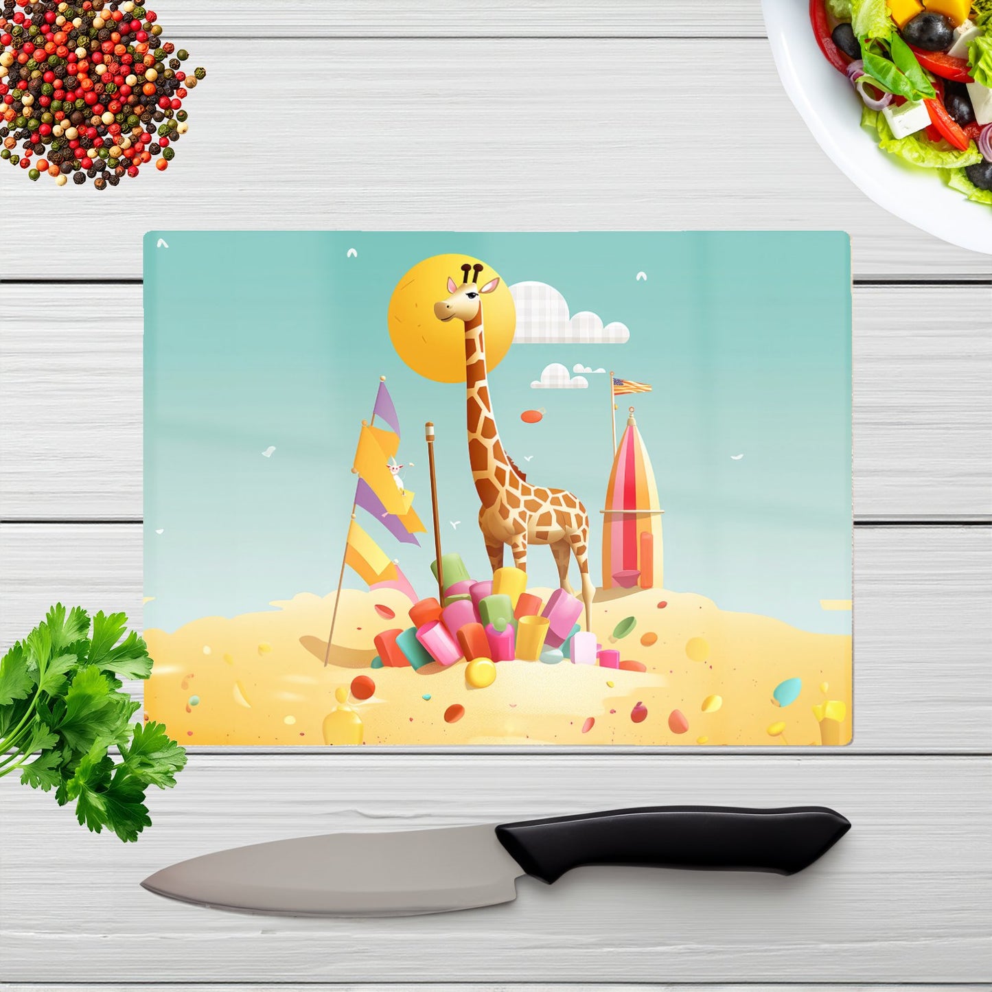 A Giraffe On A Beach Holiday Glass Chopping Board