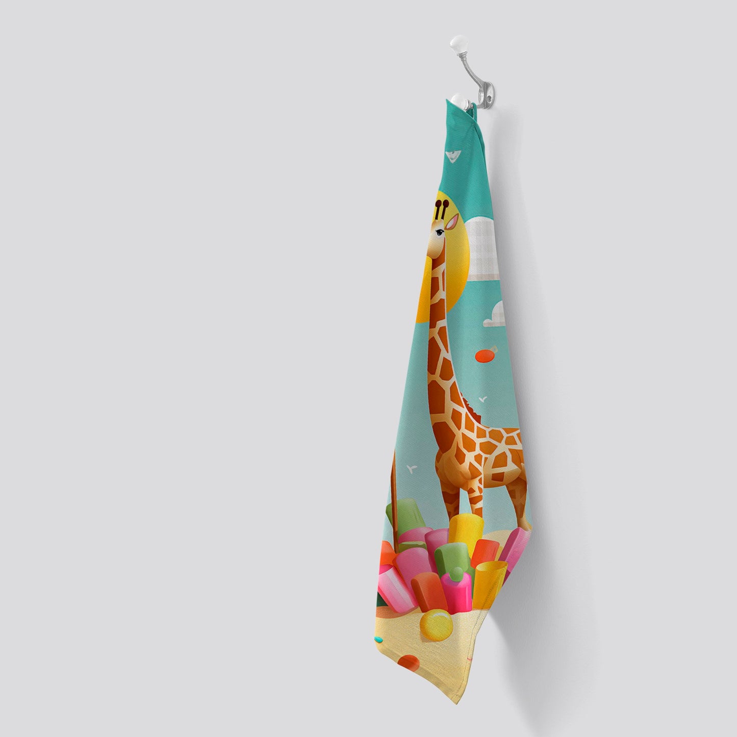 A Giraffe On A Beach Holiday Tea Towel