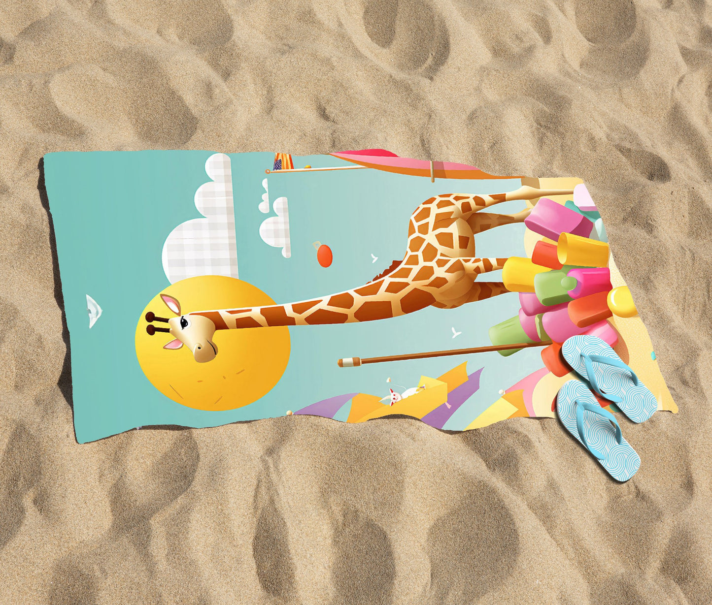 A Giraffe On A Beach Holiday Beach Towel