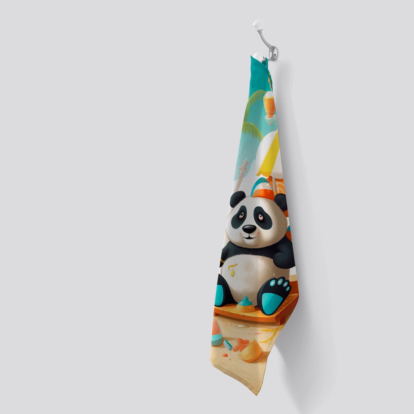 Happy Panda On A Beach Holiday Tea Towel