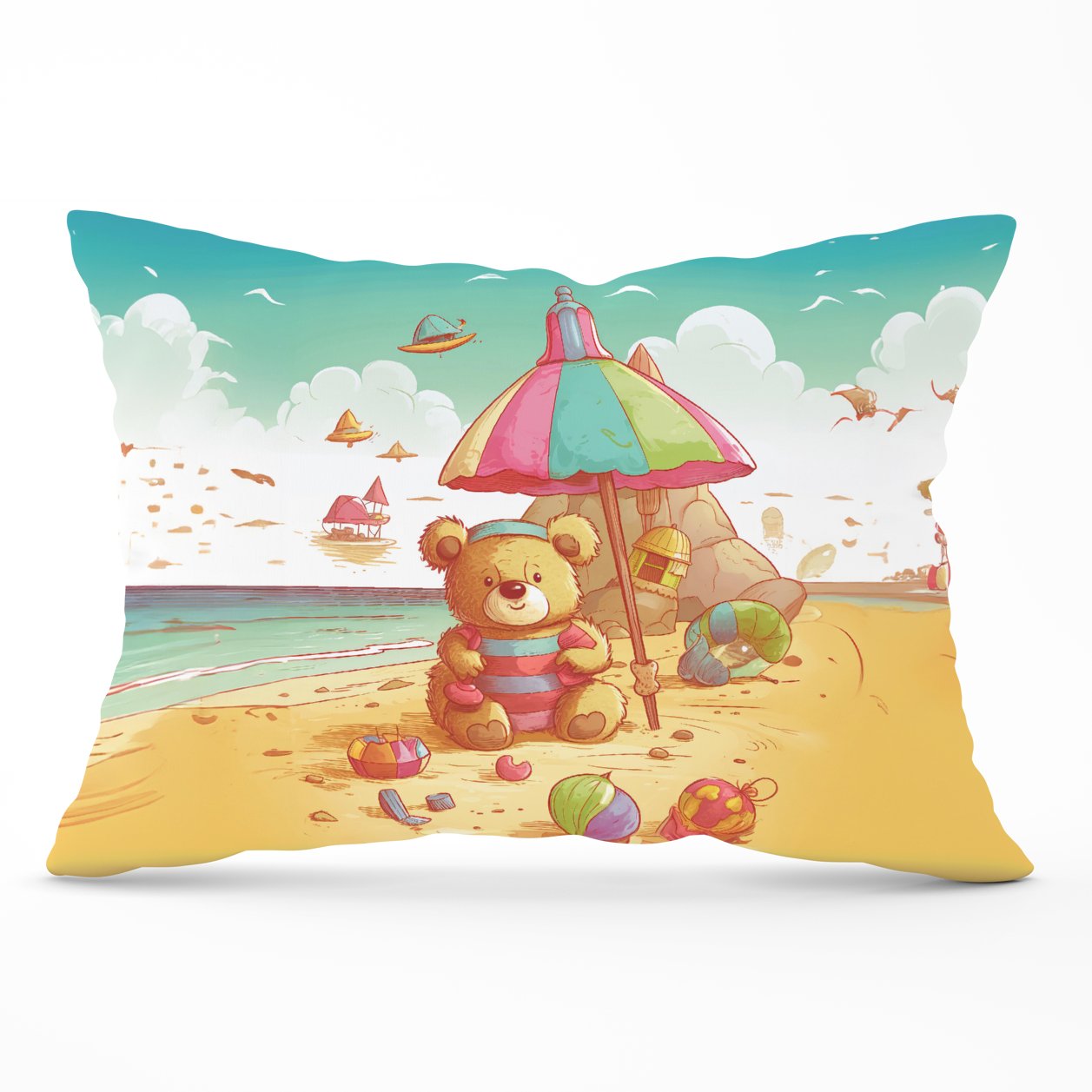 Lucky Teddy Bear On A Beach Holiday Cushions