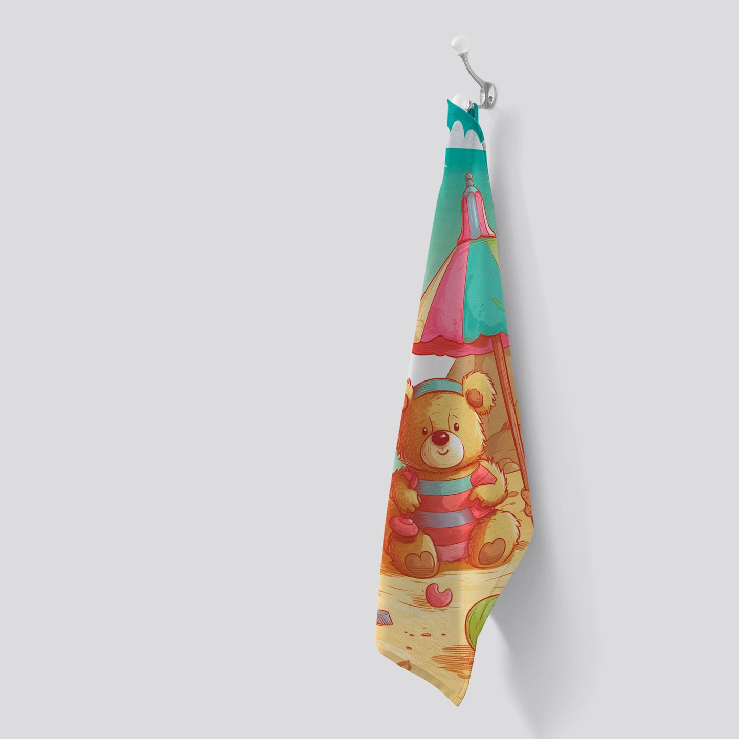 Lucky Teddy Bear On A Beach Holiday Tea Towel