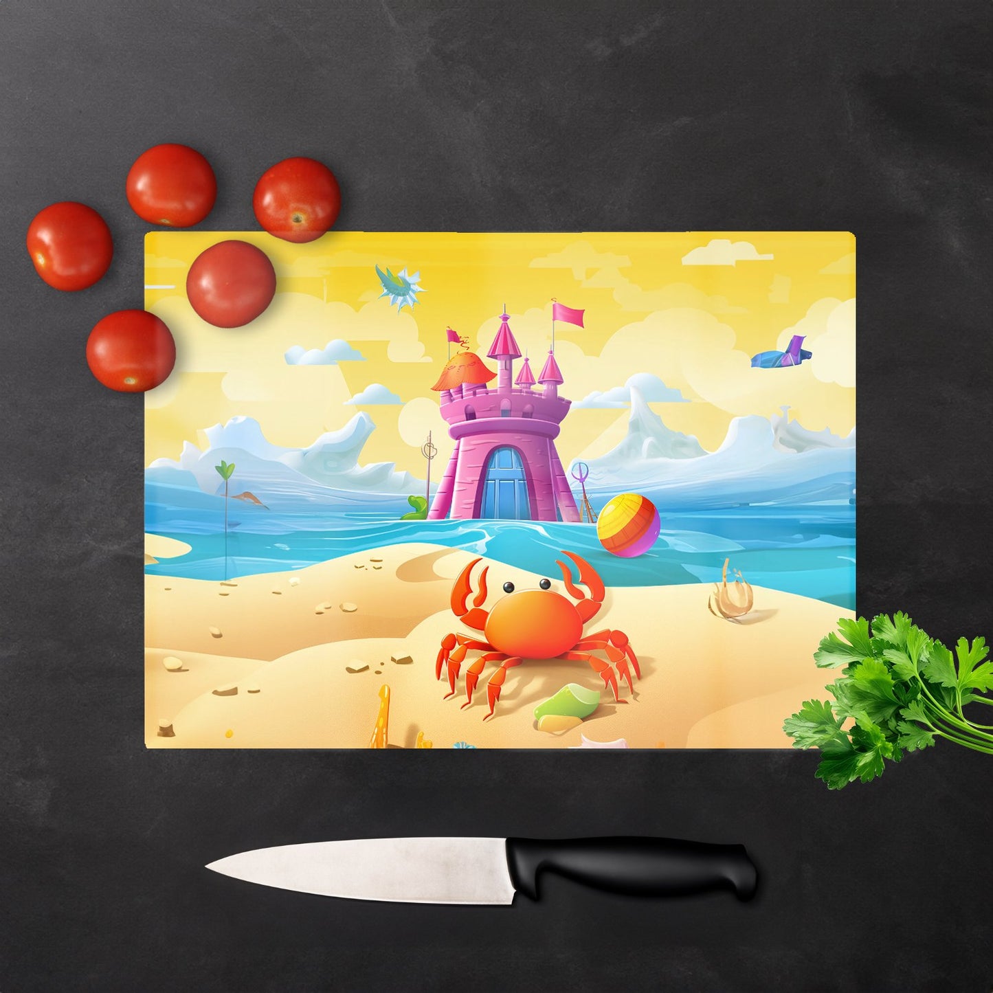 Orange Crab On A Beach Holiday Glass Chopping Board