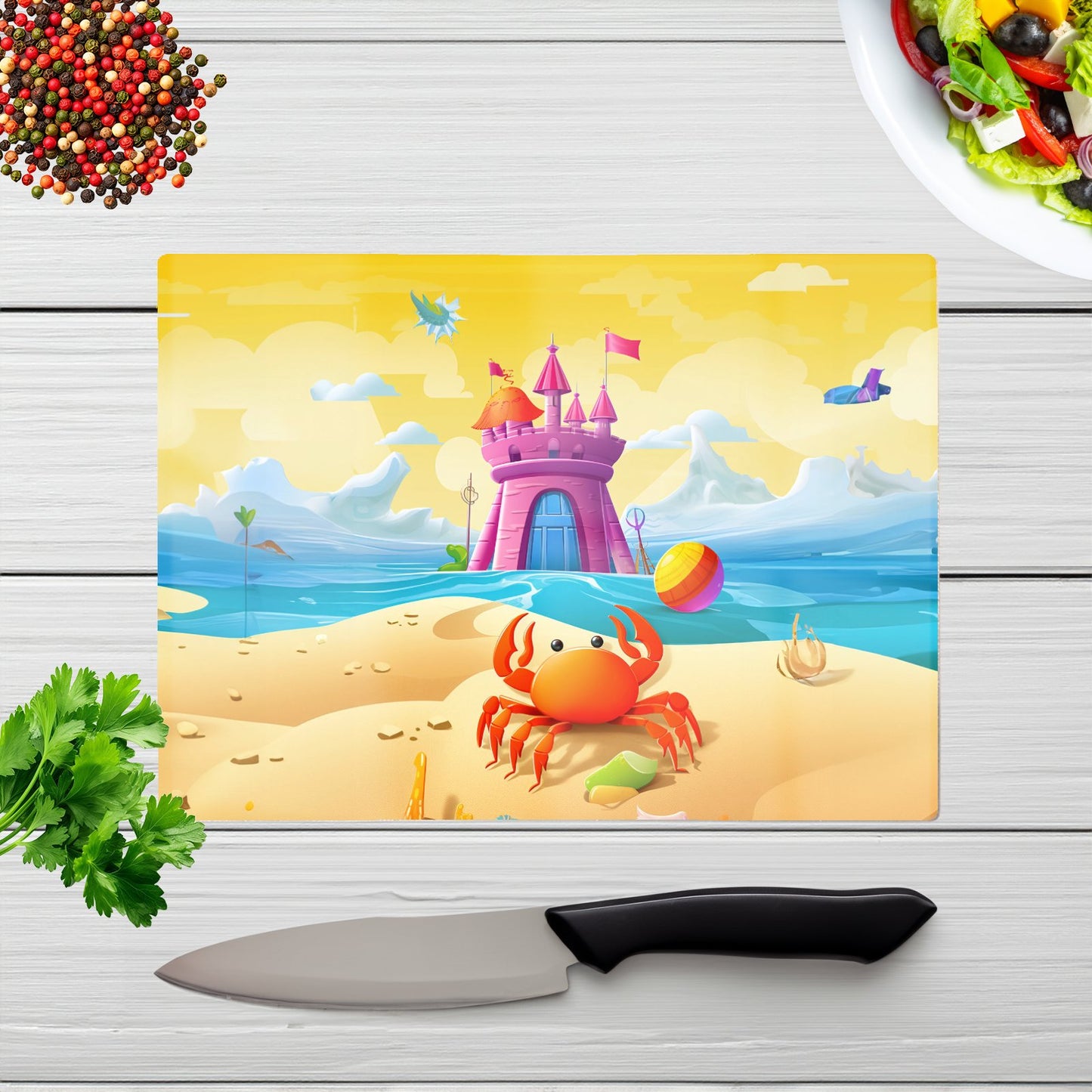 Orange Crab On A Beach Holiday Glass Chopping Board