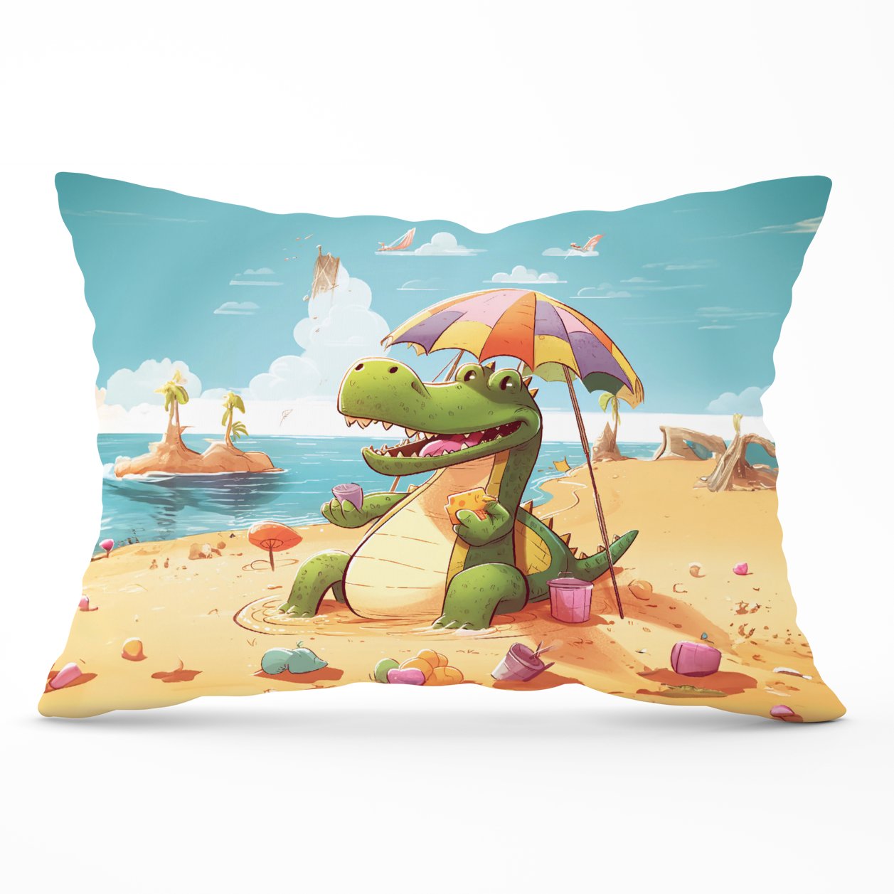 A Crocodile On A Beach Holiday Cushions