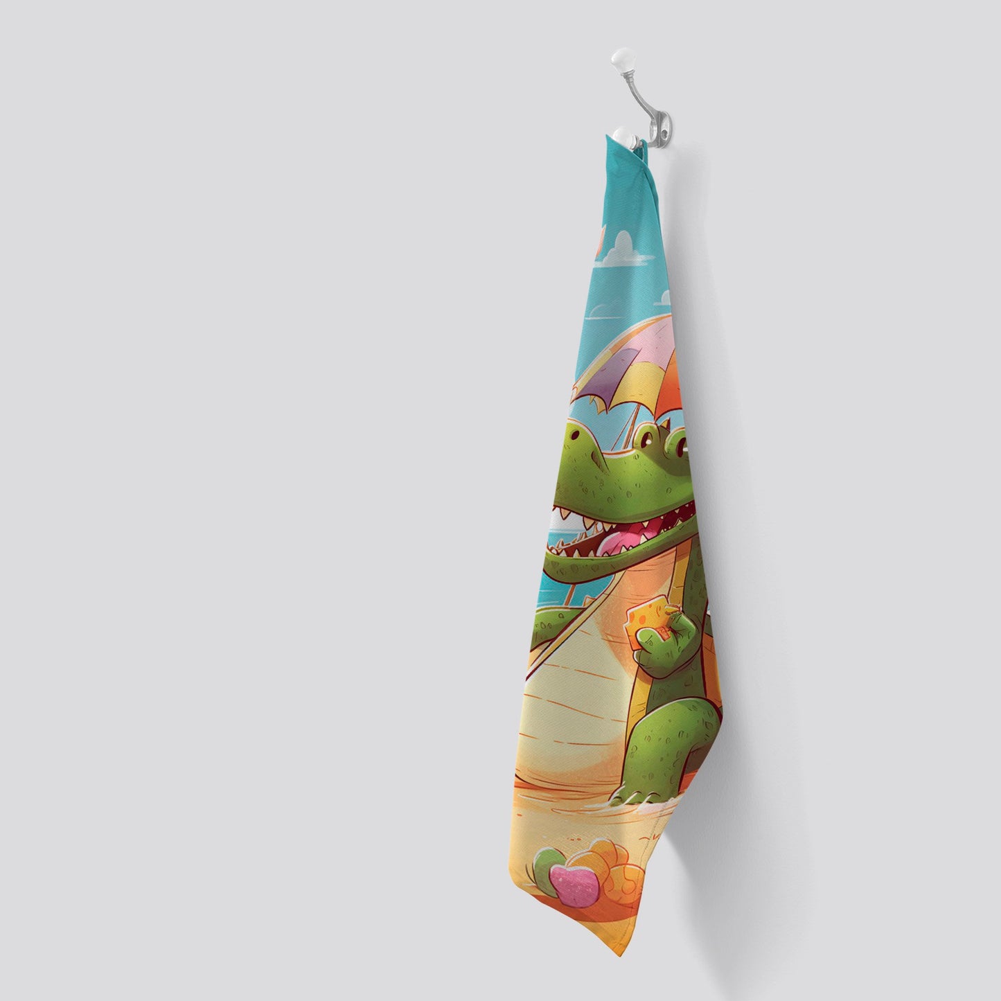 A Crocodile On A Beach Holiday Tea Towel