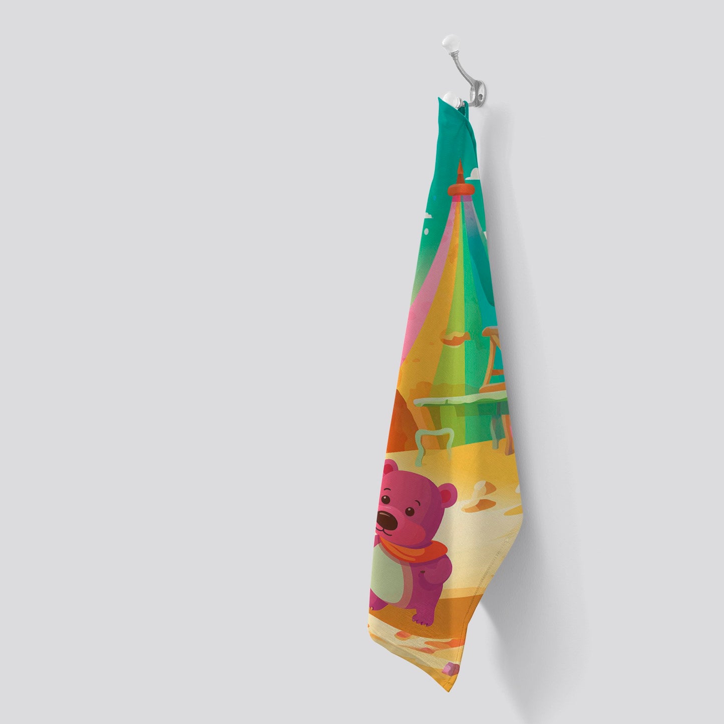 Purple Bear On A Beach Holiday Tea Towel