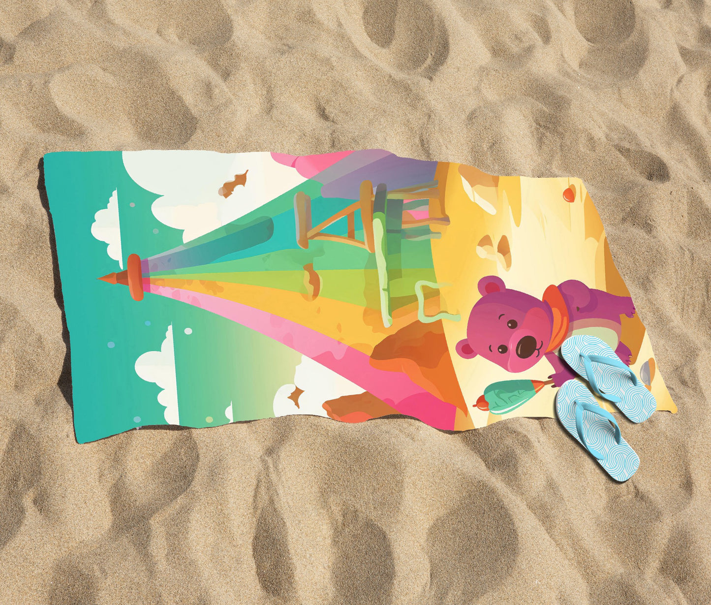 Purple Bear On A Beach Holiday Beach Towel