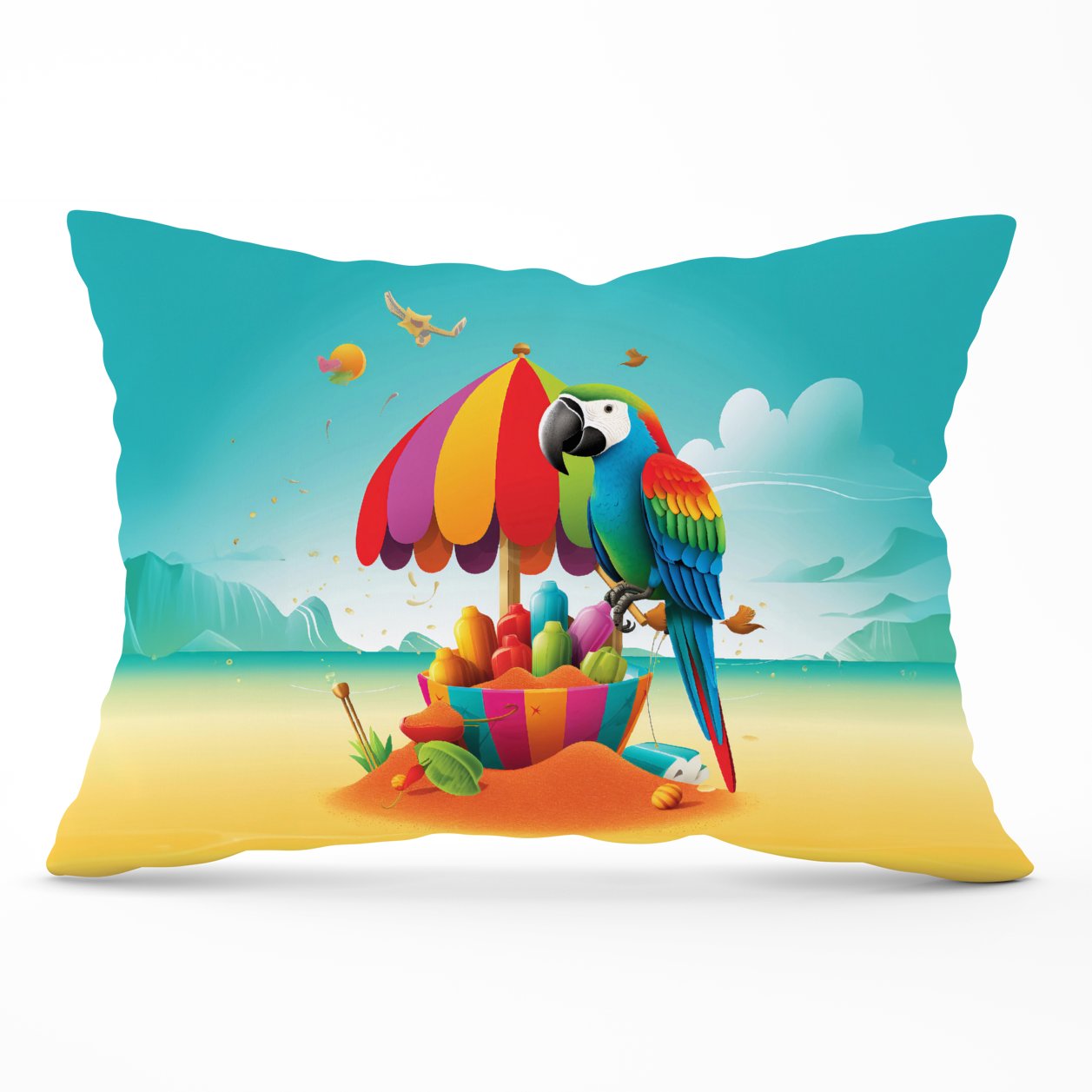 Parrot On A Beach Holiday Cushions