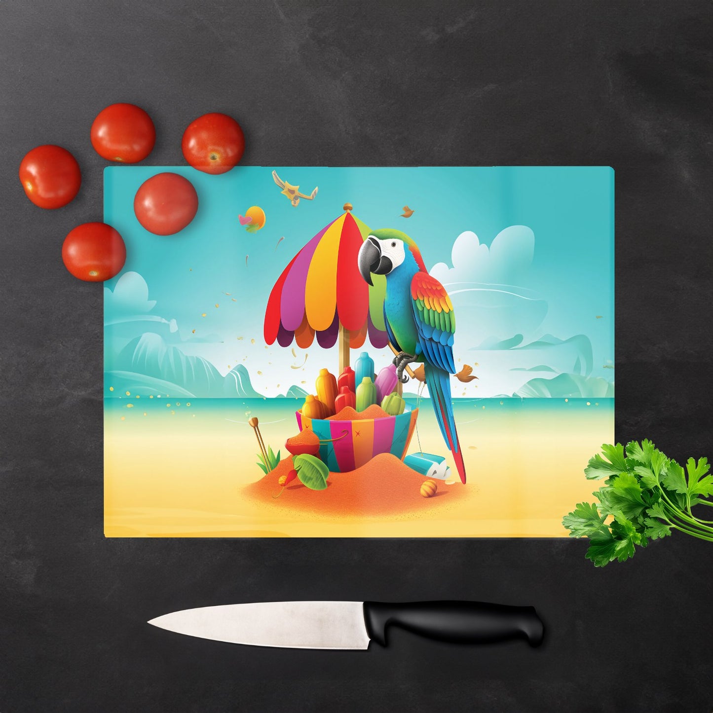 Parrot On A Beach Holiday Glass Chopping Board