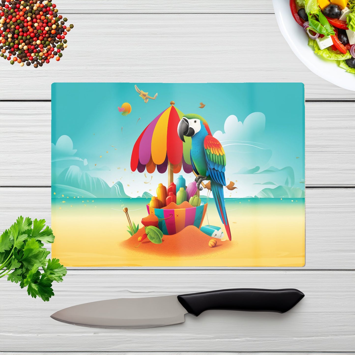 Parrot On A Beach Holiday Glass Chopping Board