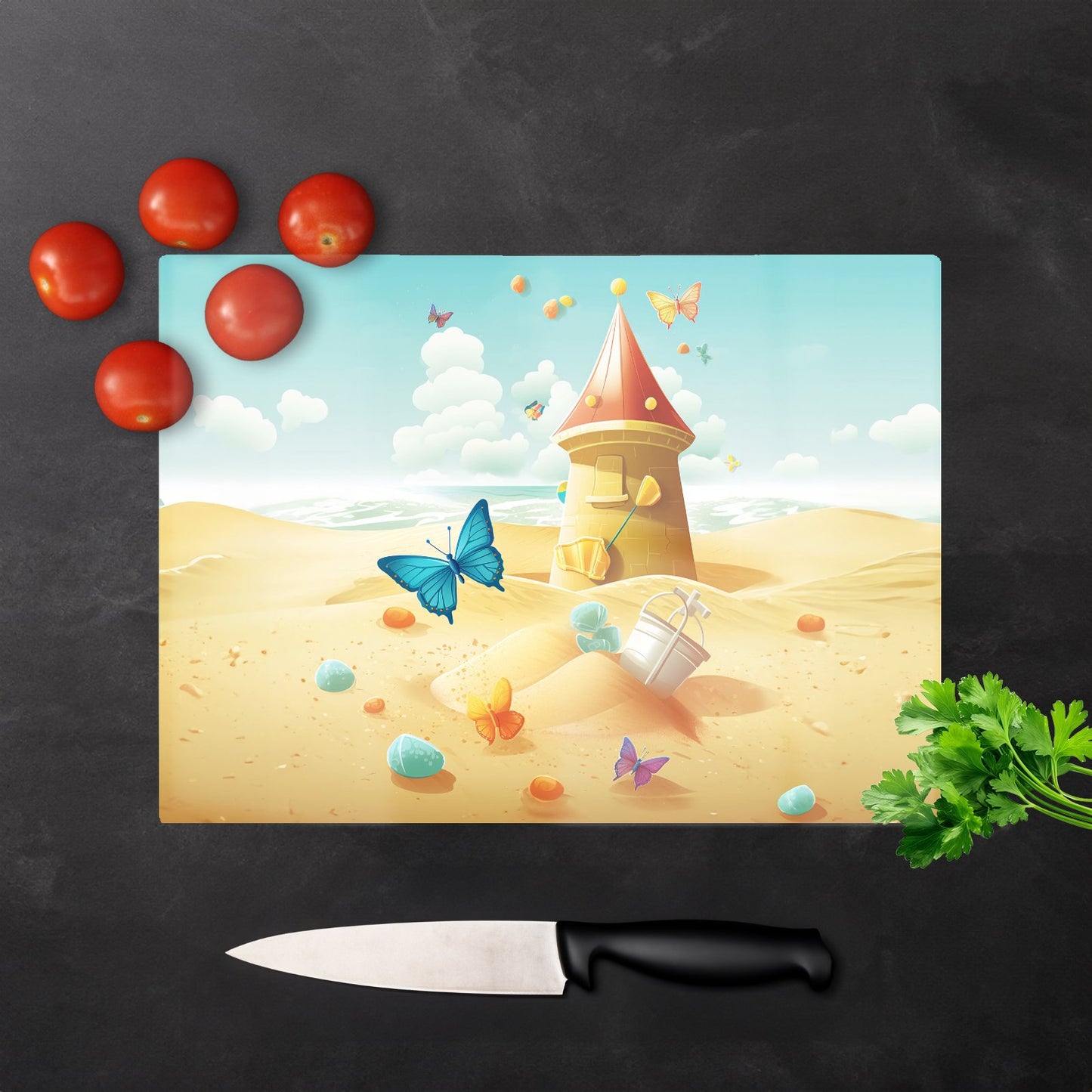 Butterflies On A Beach Holiday Glass Chopping Board