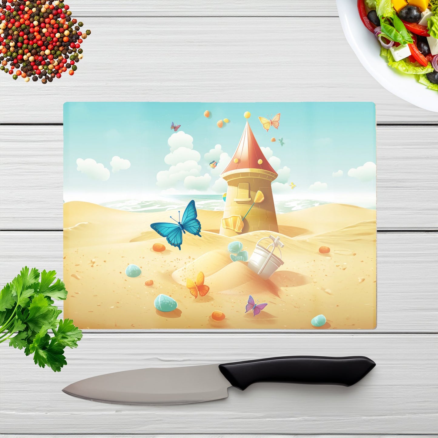 Butterflies On A Beach Holiday Glass Chopping Board