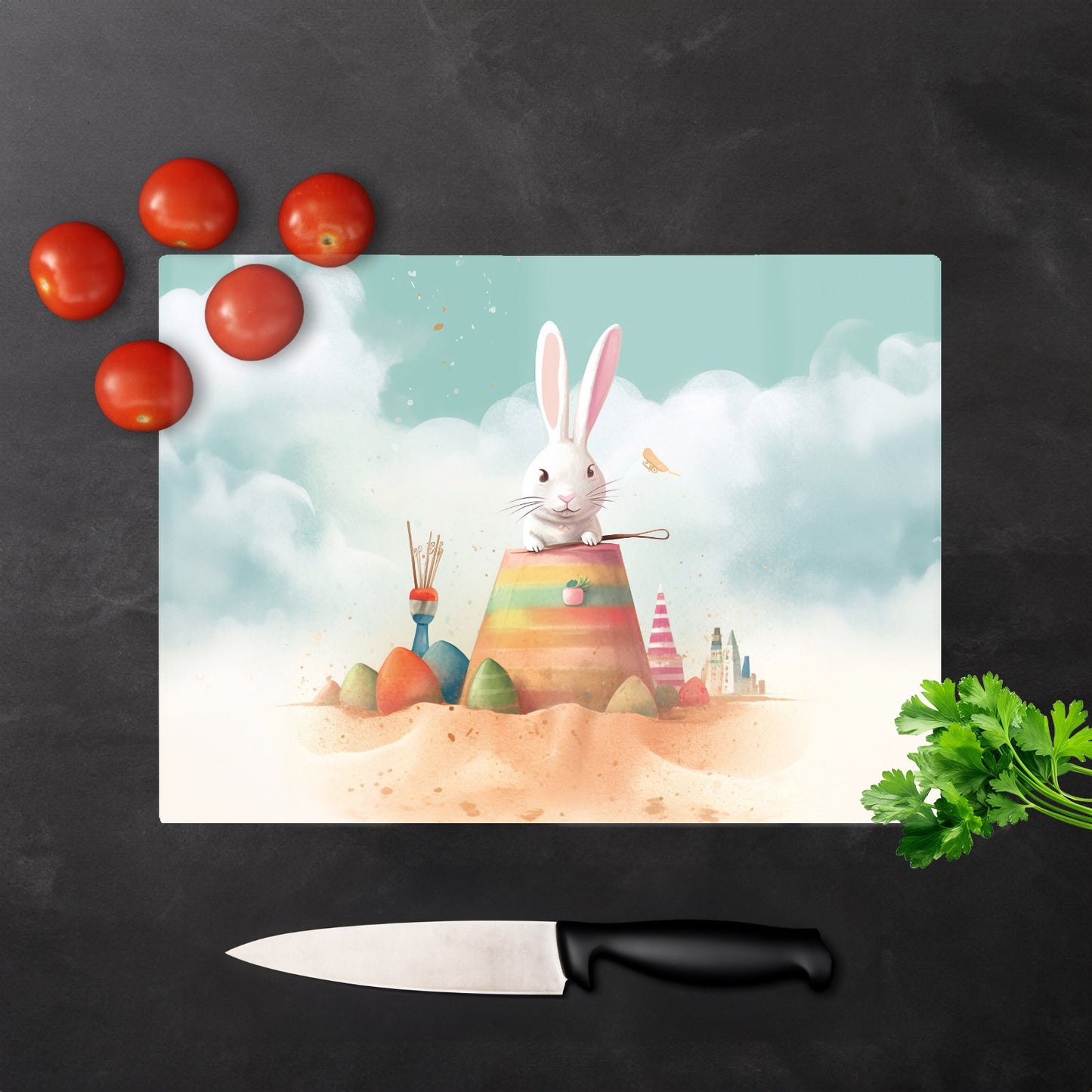 White Rabbit On A Beach Holiday Glass Chopping Board