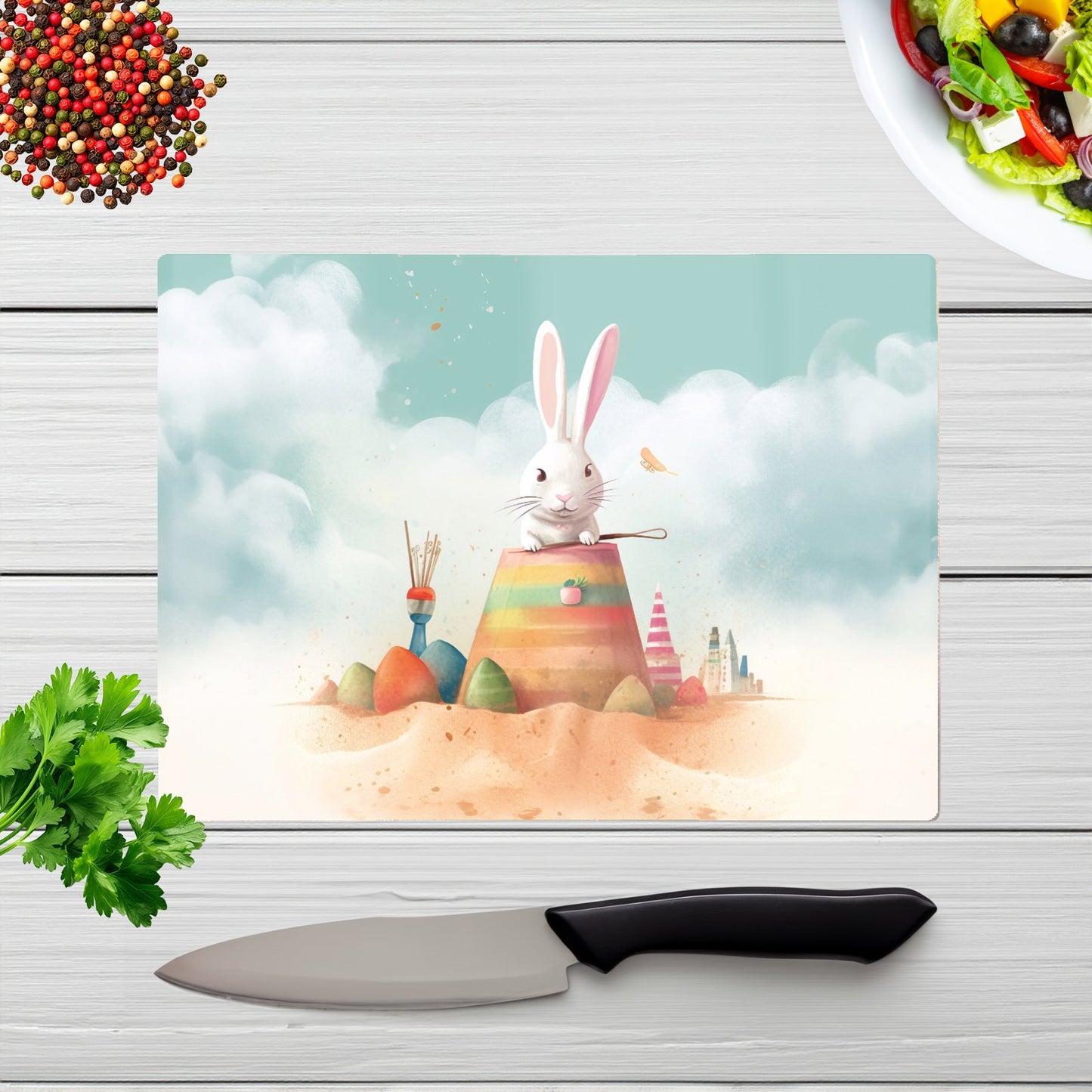 White Rabbit On A Beach Holiday Glass Chopping Board