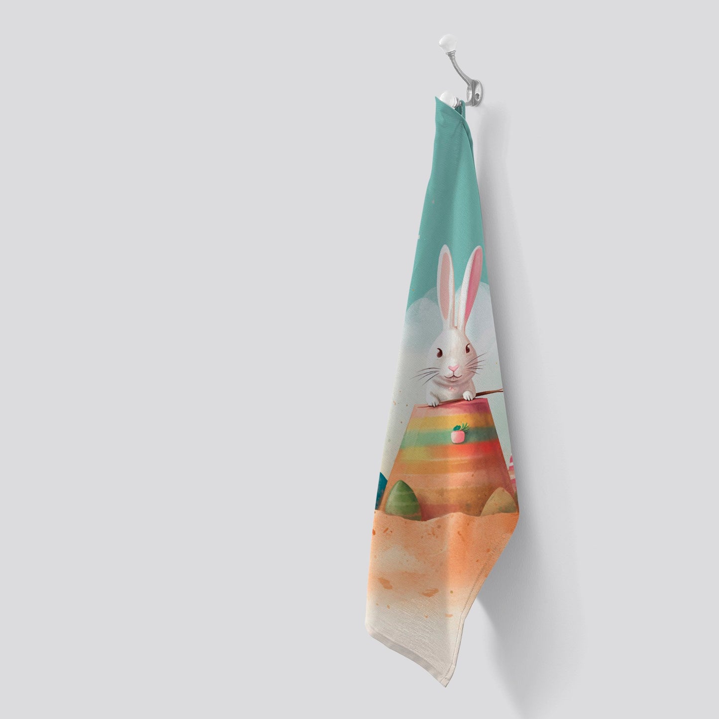 White Rabbit On A Beach Holiday Tea Towel