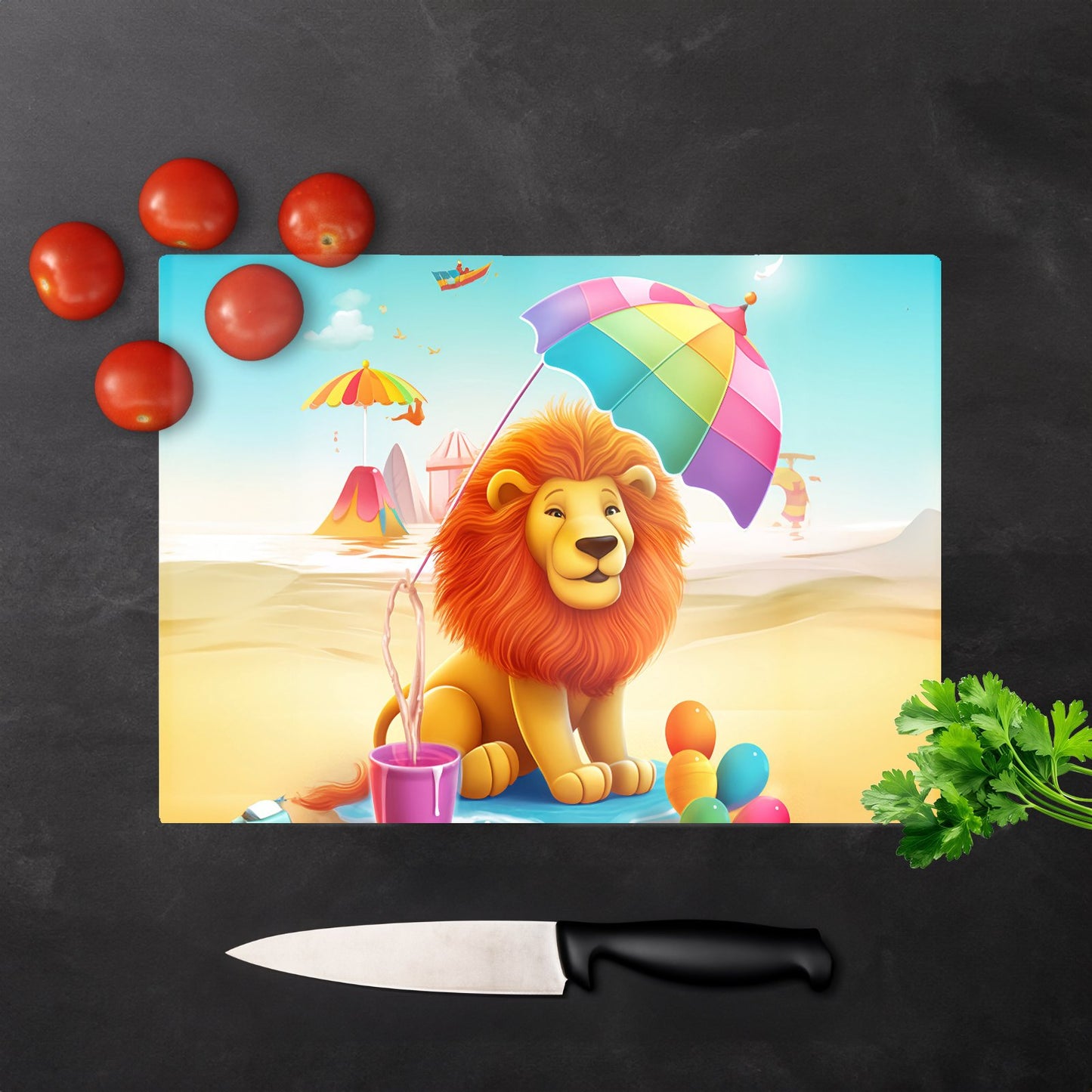 Lion On A Beach Holiday Glass Chopping Board