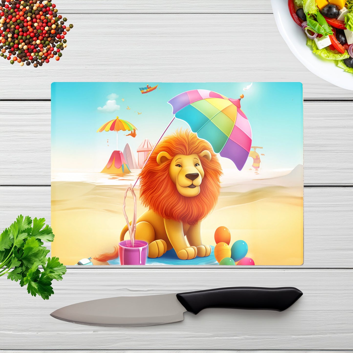 Lion On A Beach Holiday Glass Chopping Board