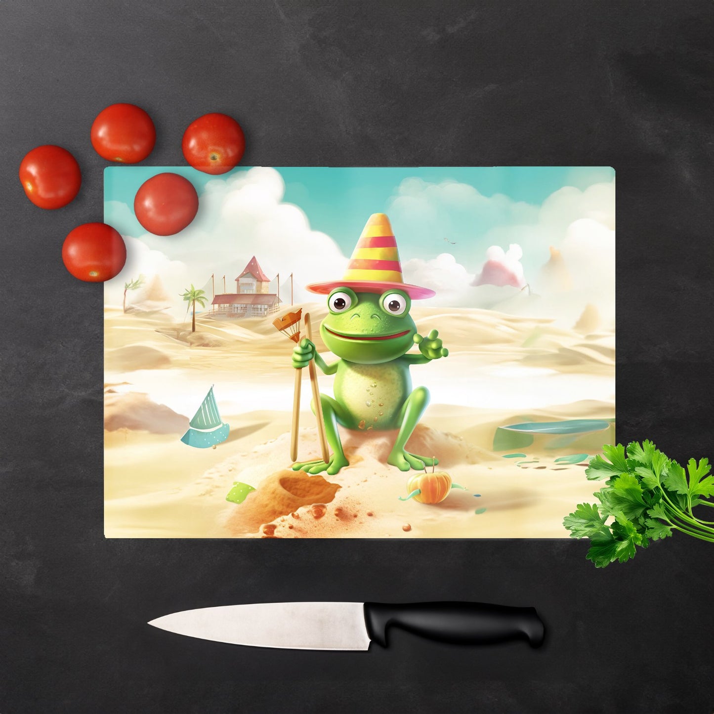 Happy Frog On A Beach Holiday Glass Chopping Board