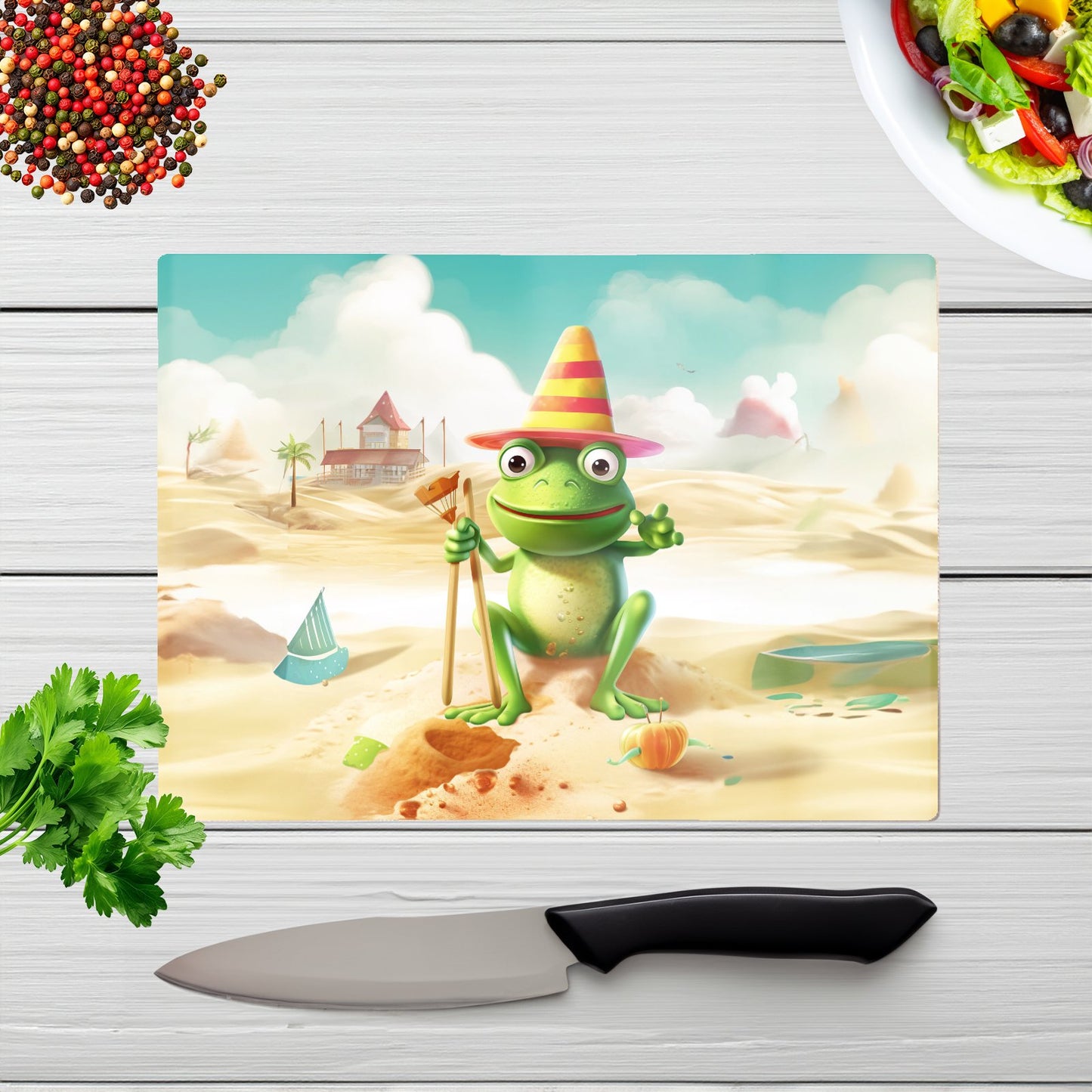 Happy Frog On A Beach Holiday Glass Chopping Board