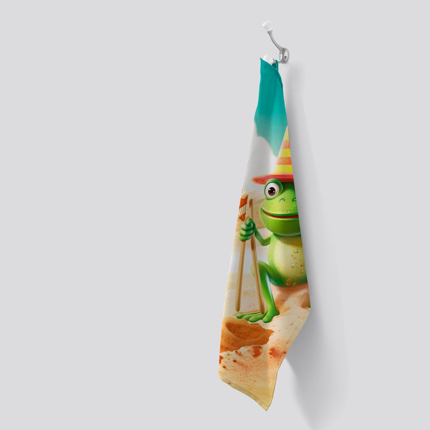 Happy Frog On A Beach Holiday Tea Towel