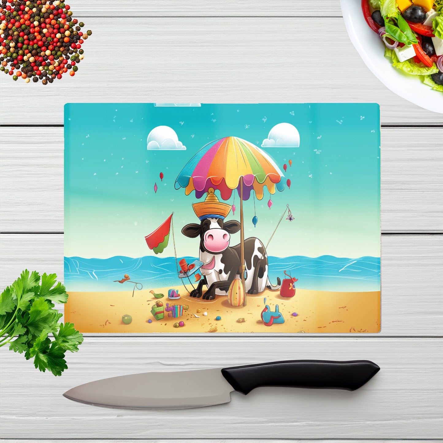 Cow On A Beach Holiday Glass Chopping Board