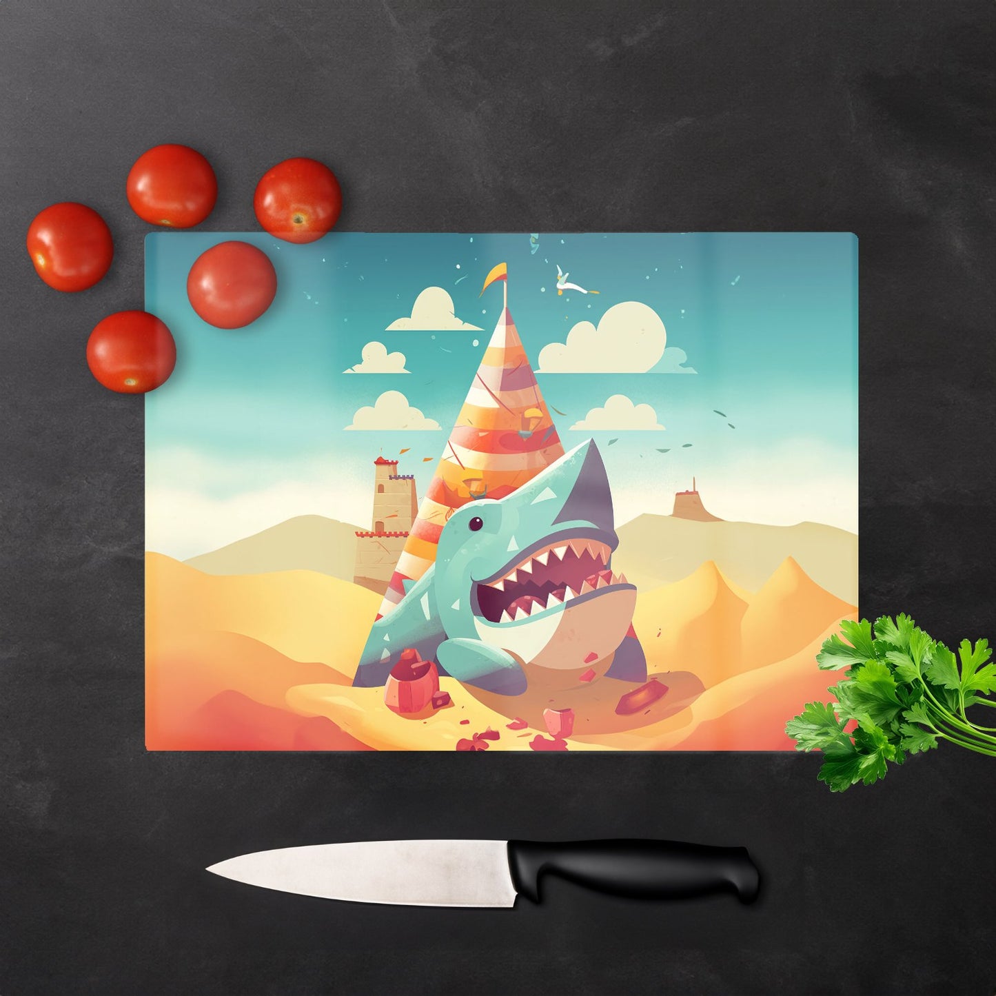 Shark On A Beach Holiday Glass Chopping Board