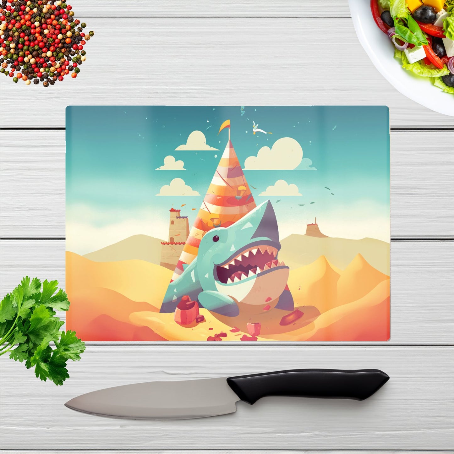 Shark On A Beach Holiday Glass Chopping Board