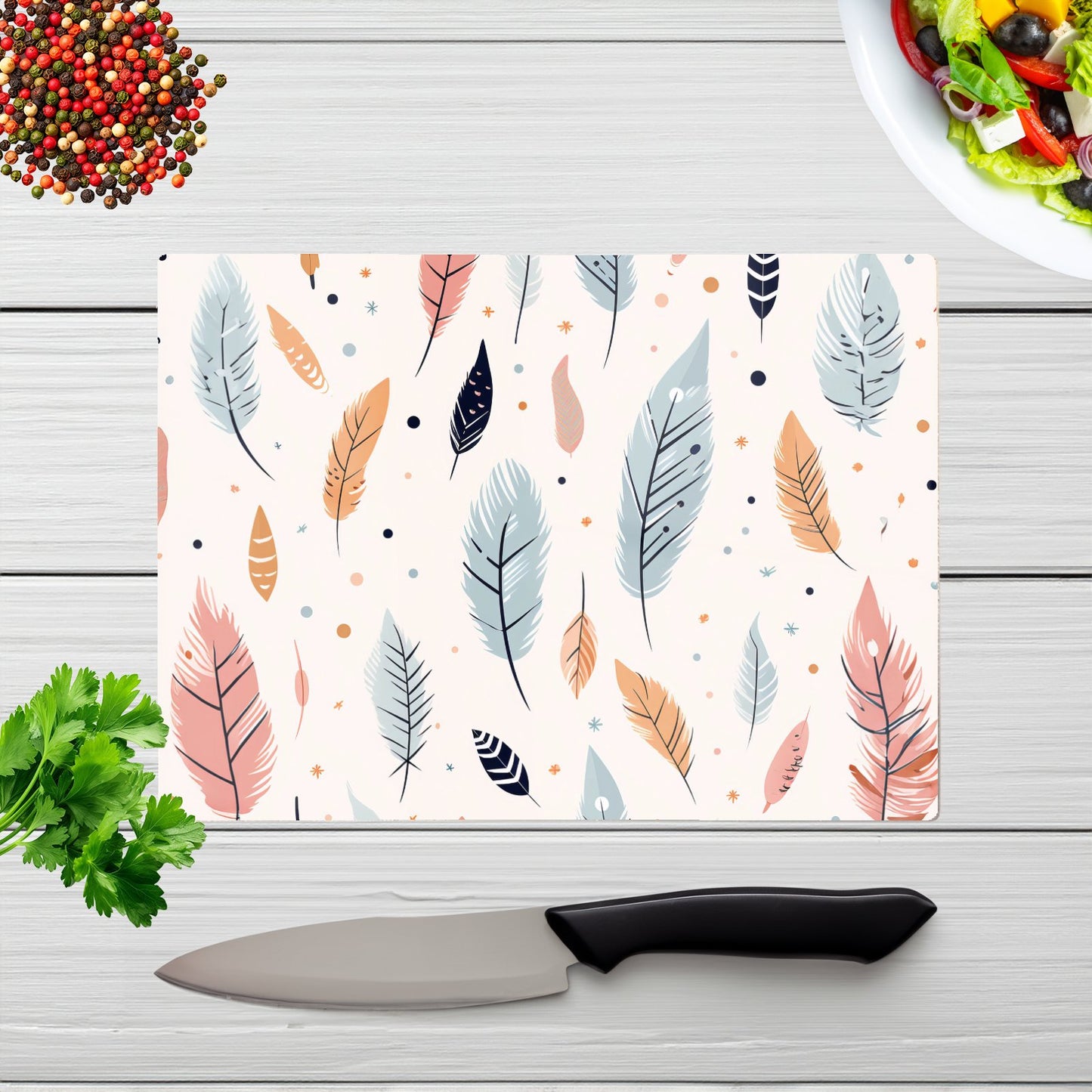 Pastel Feather Pattern Glass Chopping Board
