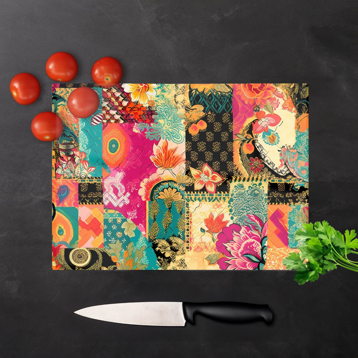 Patchwork Mixed Textiles Glass Chopping Board