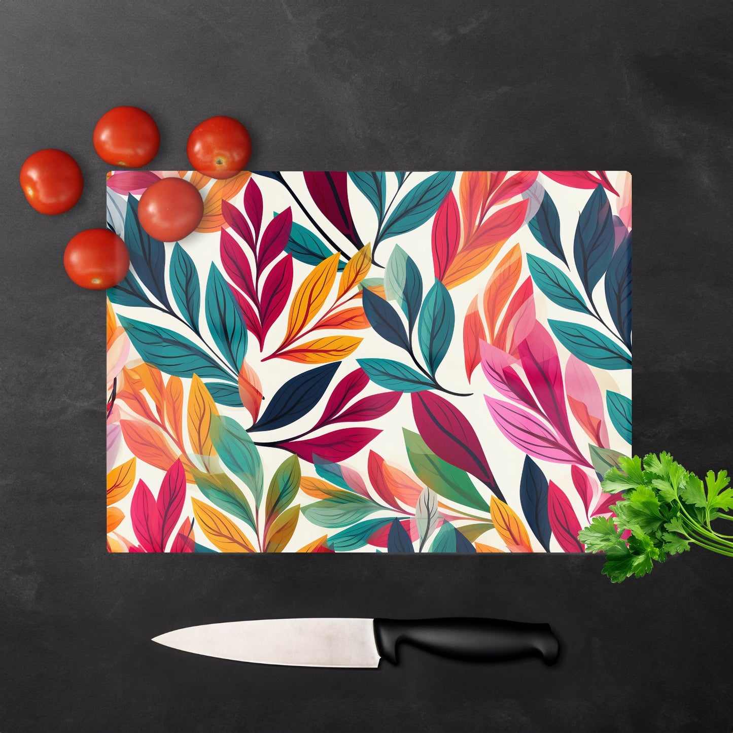 Bright Leaves Pattern Glass Chopping Board