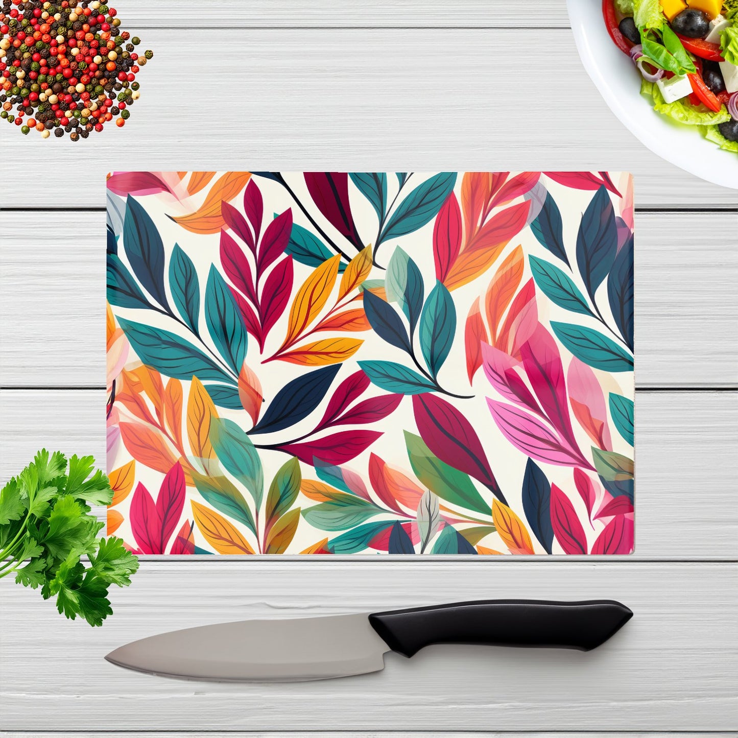 Bright Leaves Pattern Glass Chopping Board