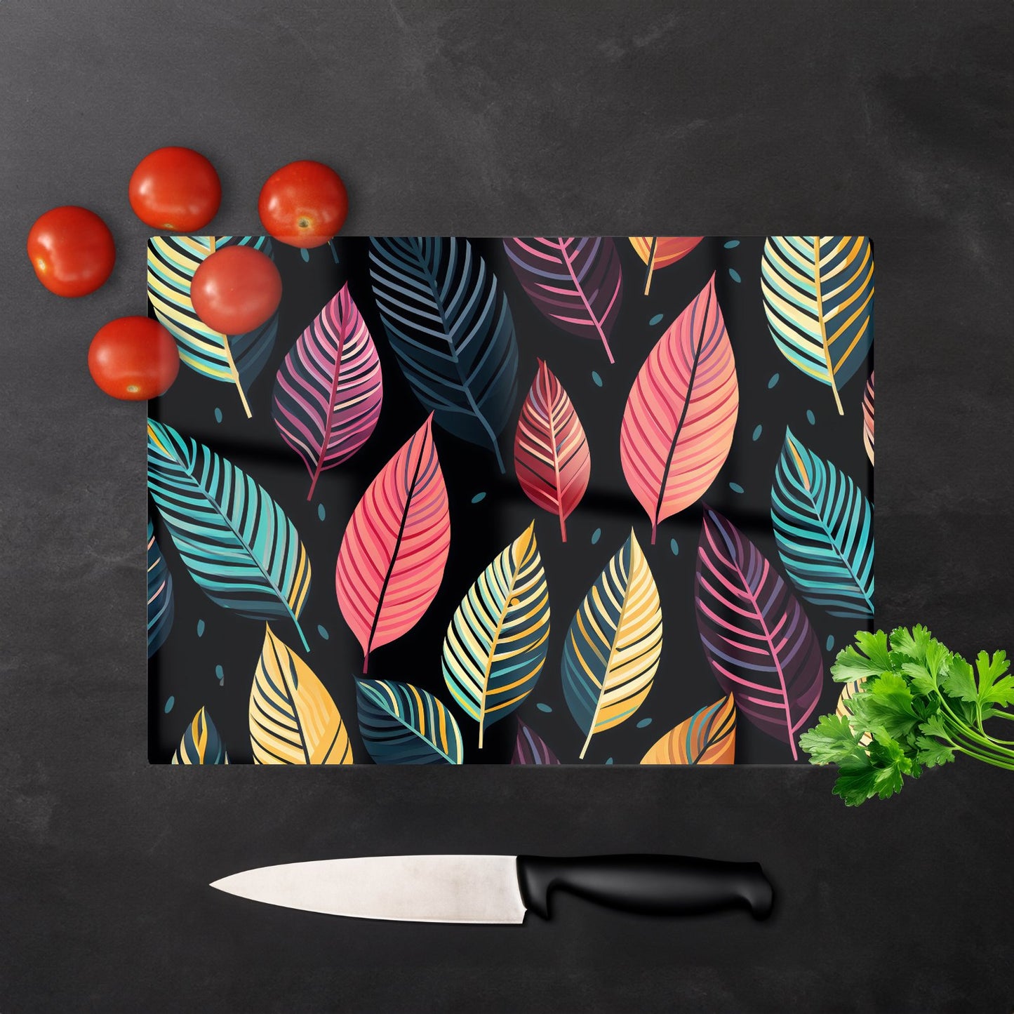 Colourful Leaves Pattern Glass Chopping Board