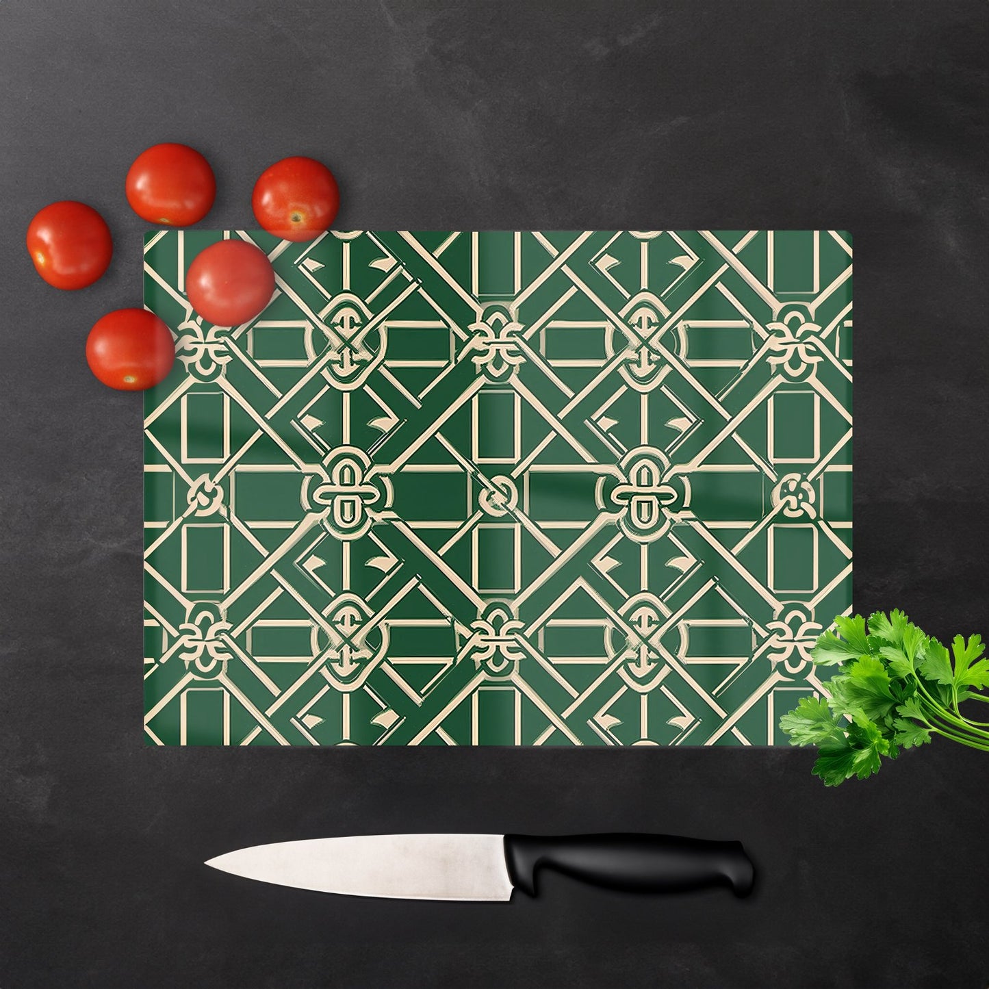 Green Lattice Design Glass Chopping Board