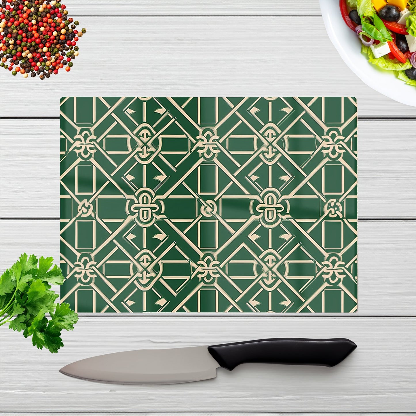 Green Lattice Design Glass Chopping Board