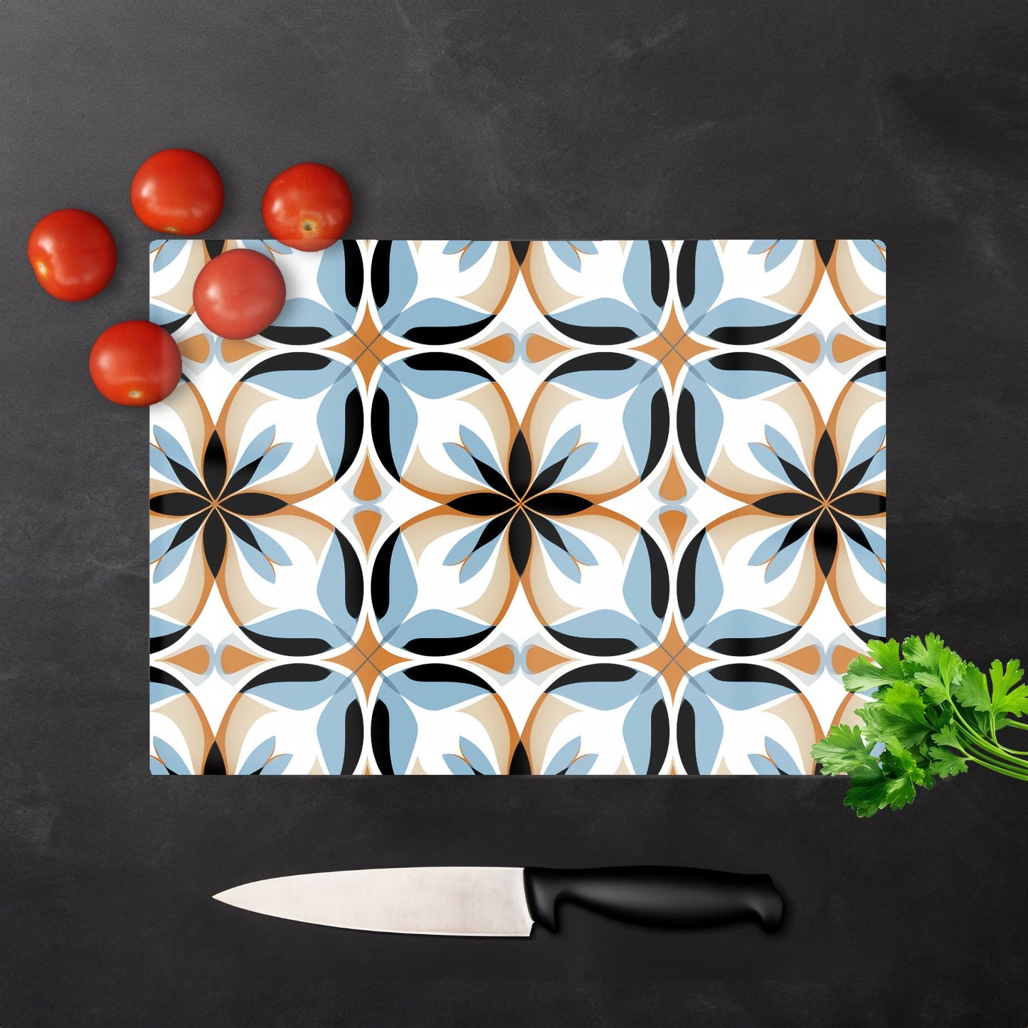 White Brown And Blue Geometric Pattern Glass Chopping Board