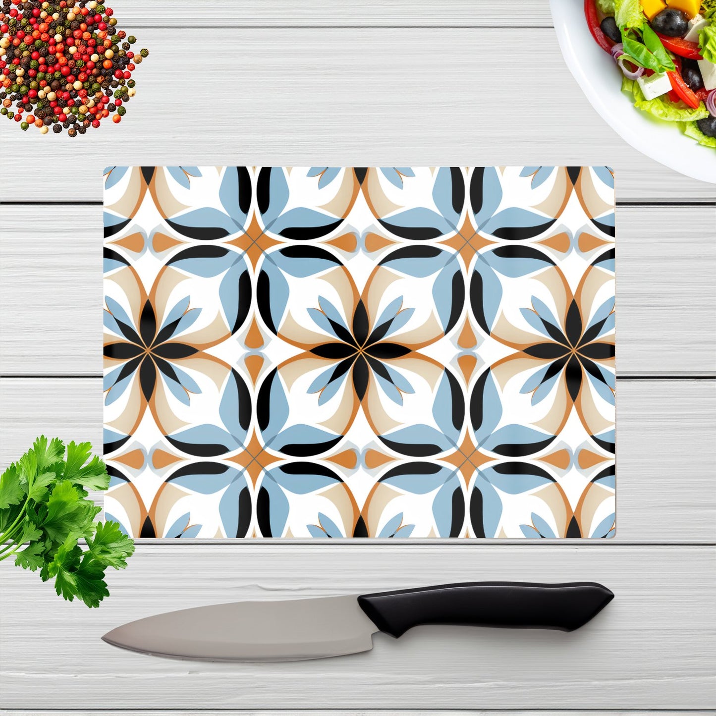 White Brown And Blue Geometric Pattern Glass Chopping Board