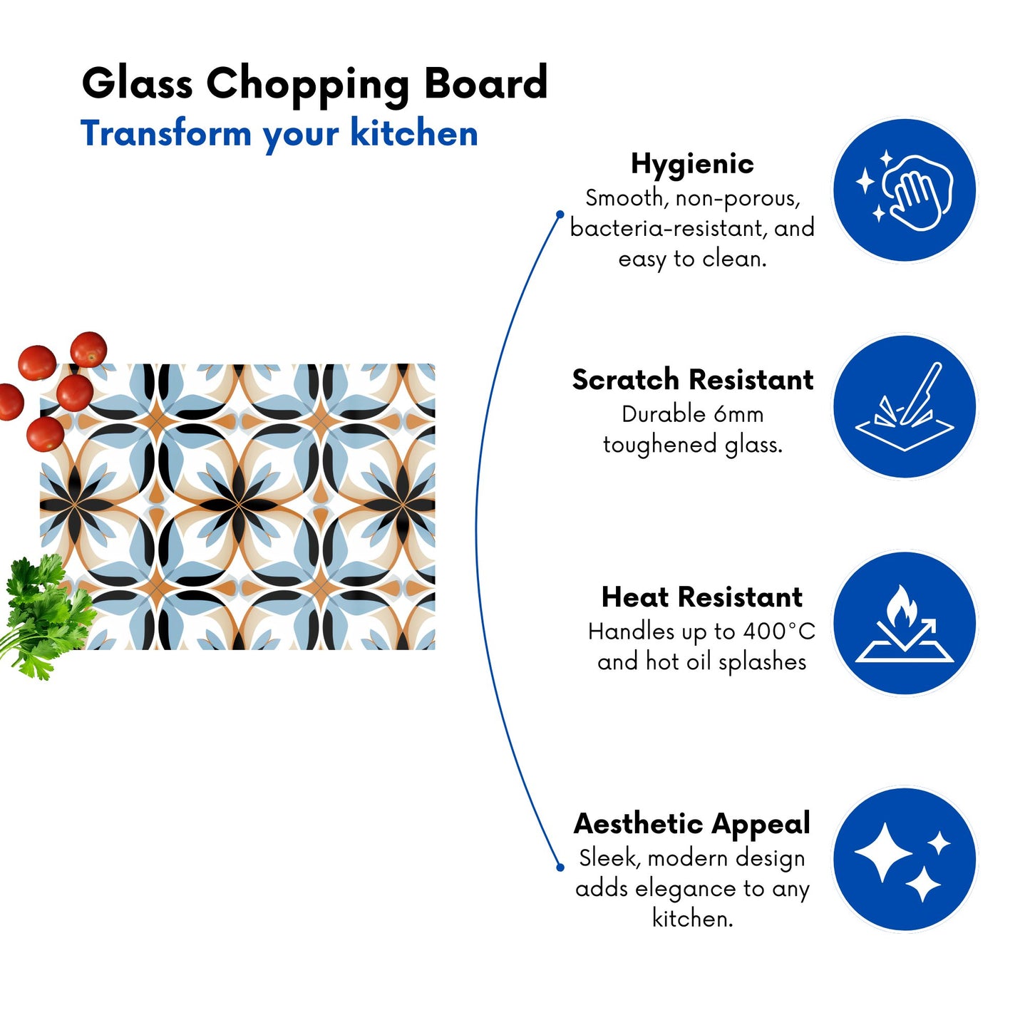 White Brown And Blue Geometric Pattern Glass Chopping Board