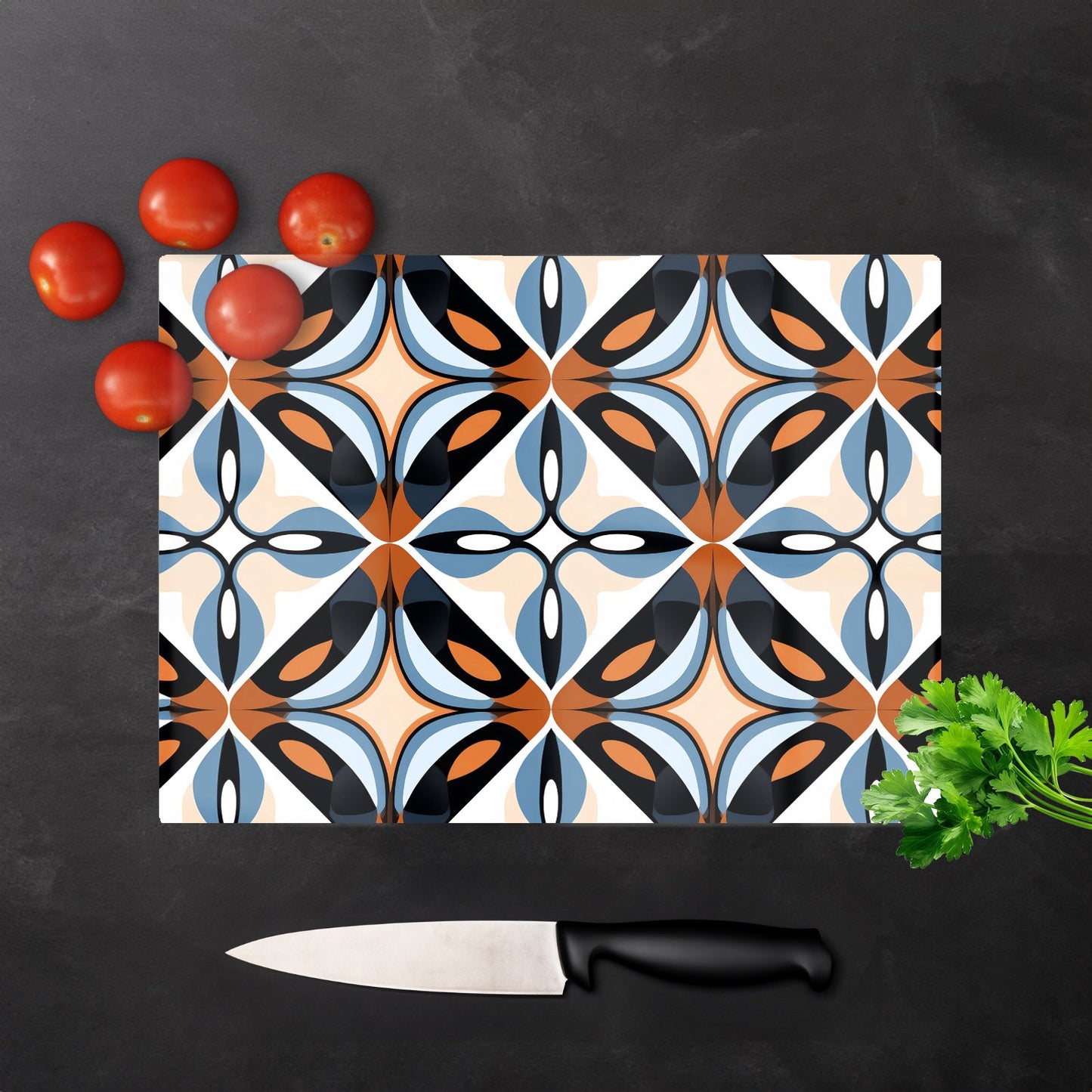 Brown And Blue Geometric Pattern Glass Chopping Board