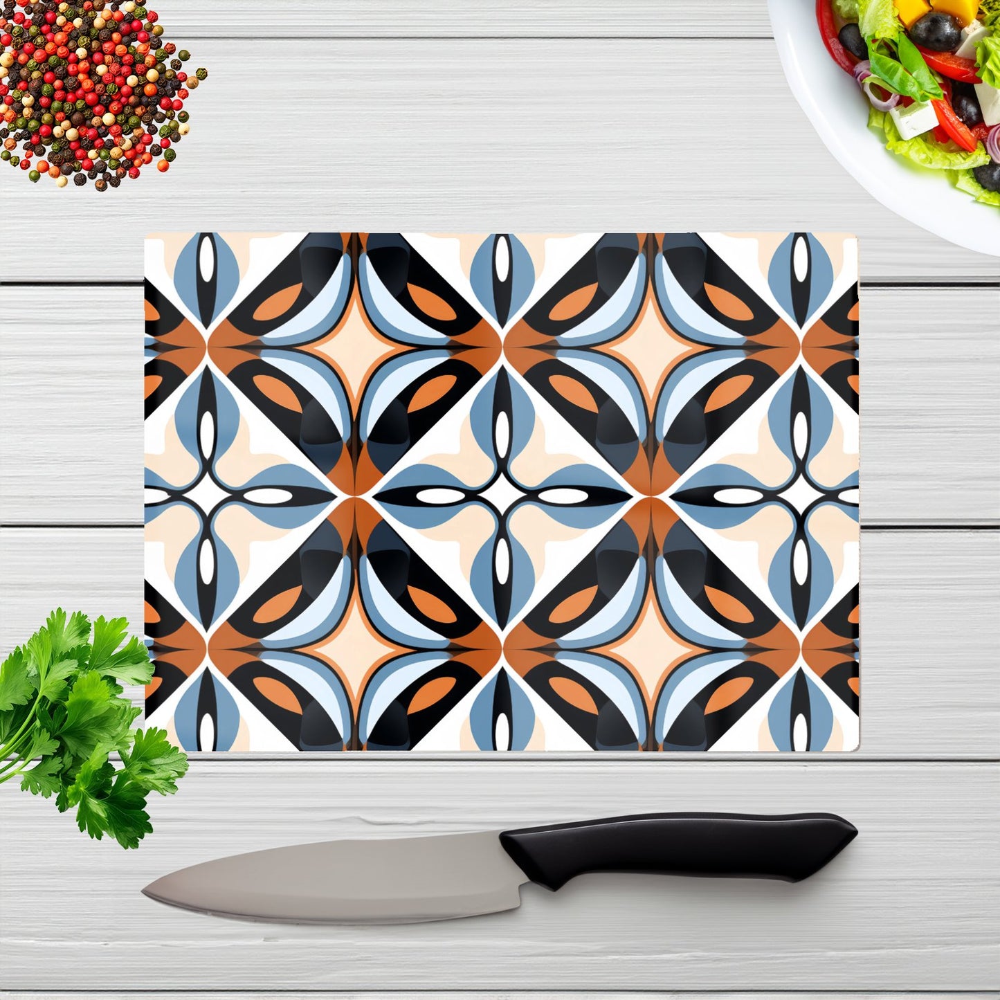 Brown And Blue Geometric Pattern Glass Chopping Board