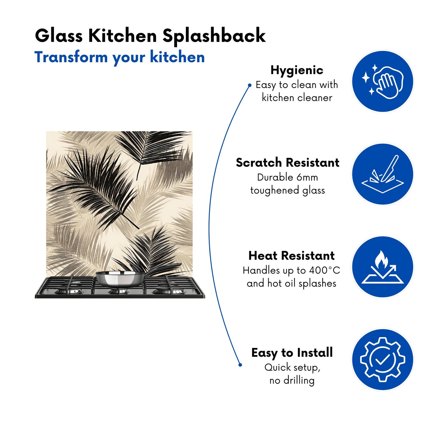 Black And White Tropical Palm Leaves Kitchen Splashback