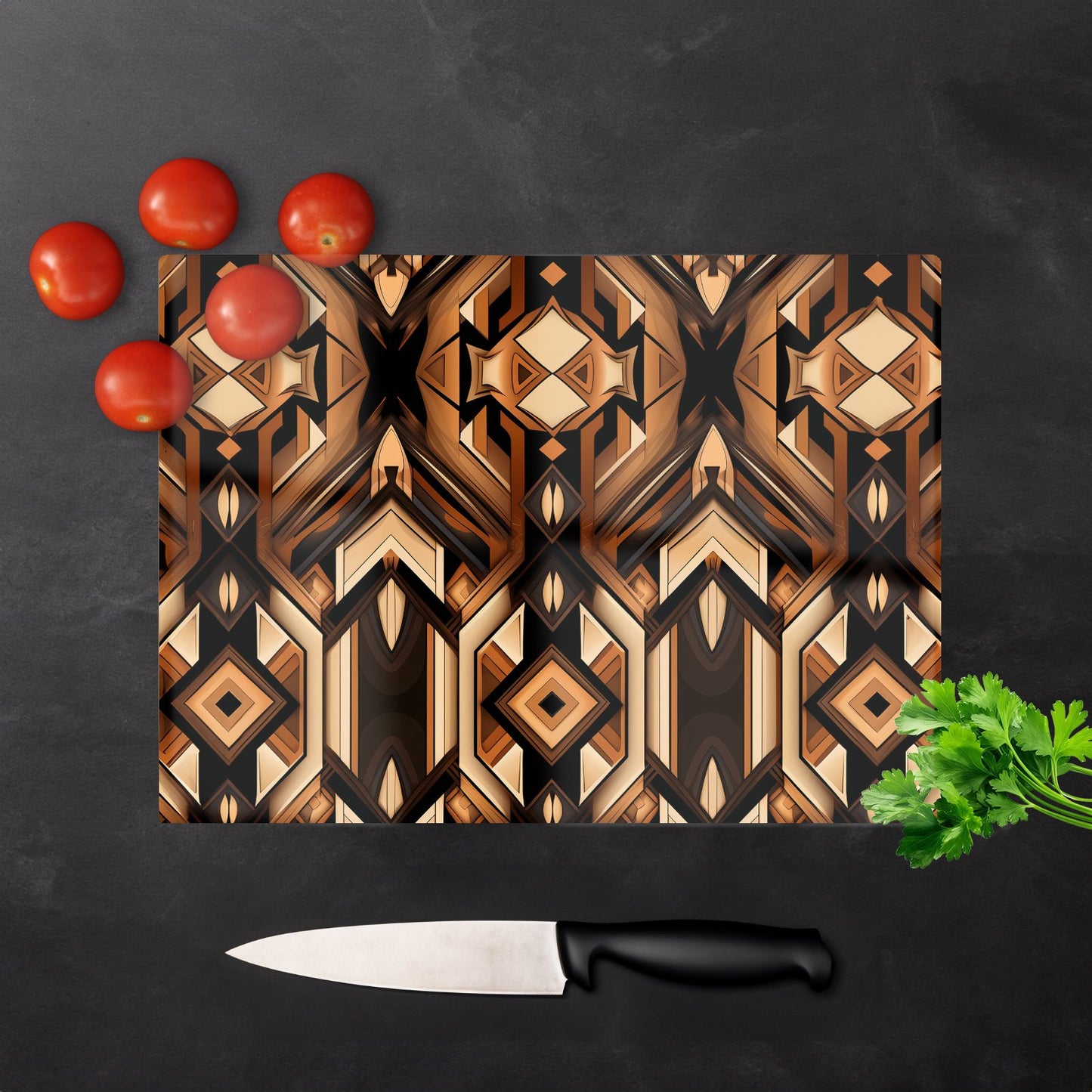 Black And Brown Intricate Pattern Glass Chopping Board