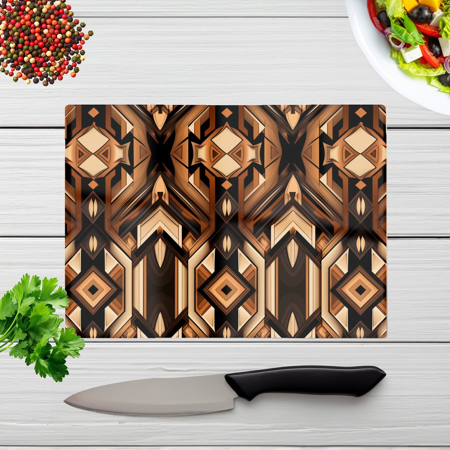 Black And Brown Intricate Pattern Glass Chopping Board