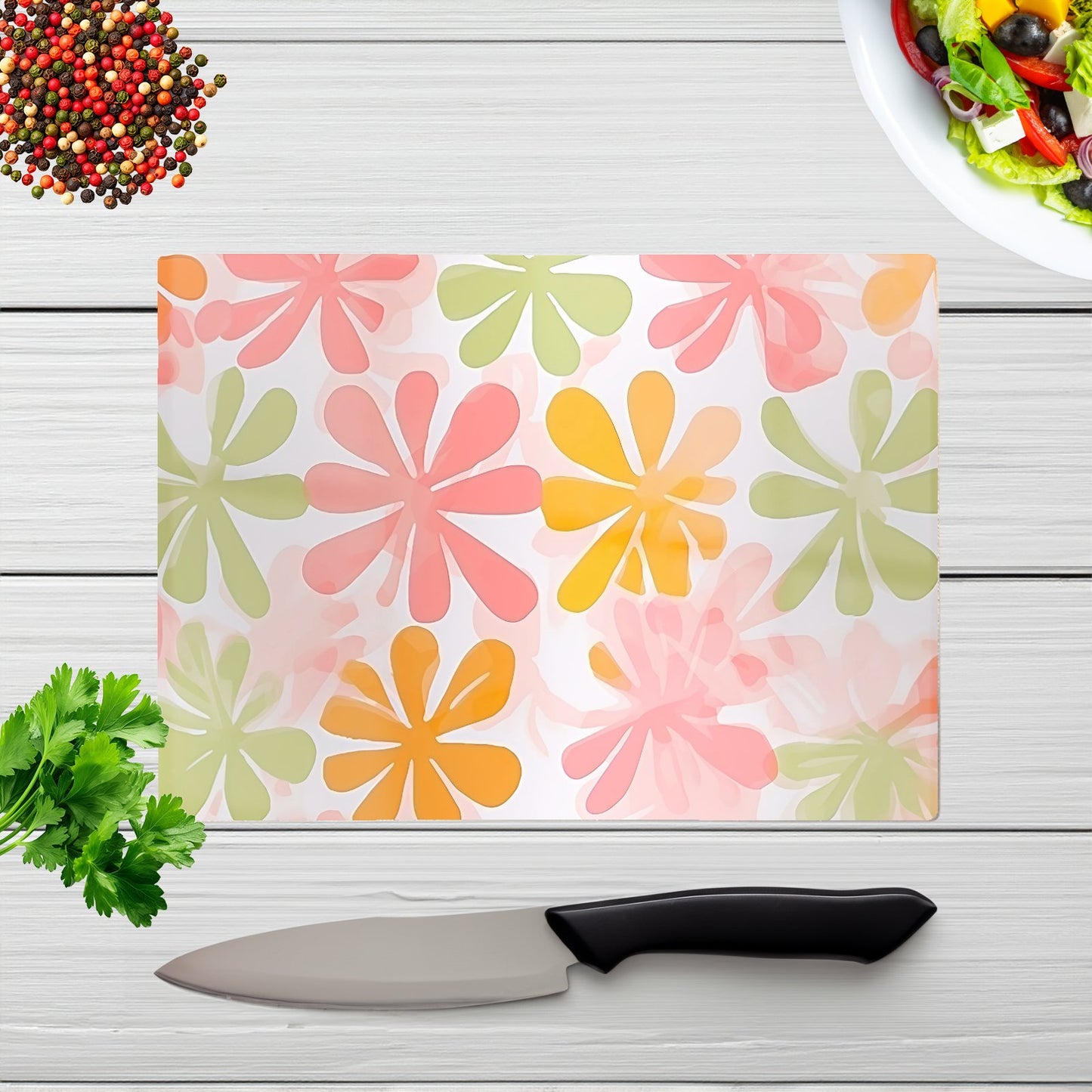 Yellow And Pink Flowers Glass Chopping Board